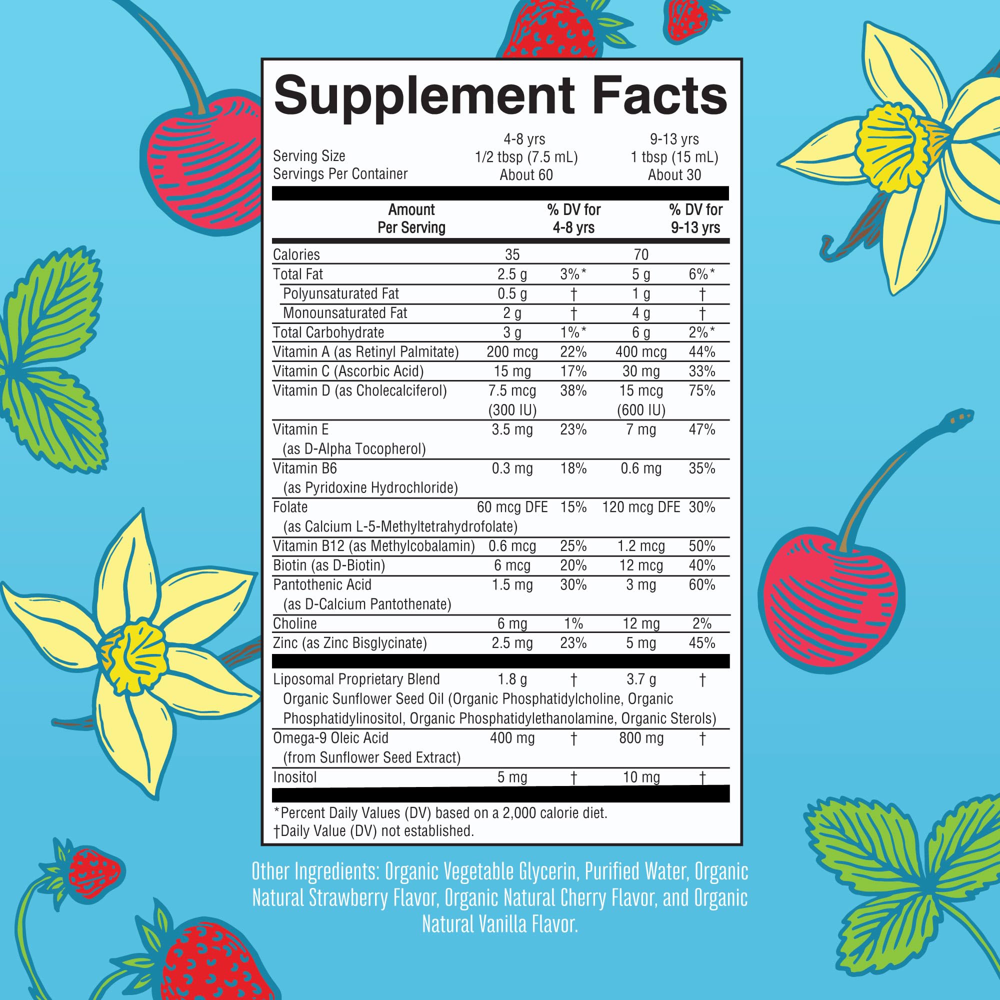 Étiquette MaryRUTH'S Kids Liposomal Multivitamine facilitant le suivi des nutriments.