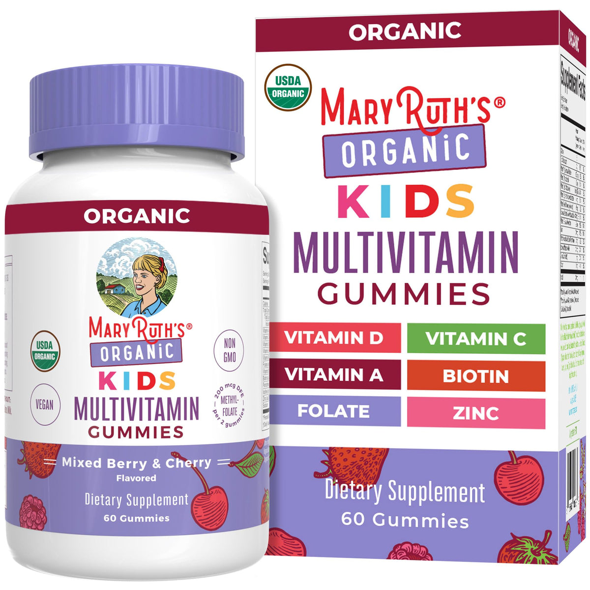 MaryRuth's gommes cerise et fruits des bois, goût agréable pour enfants.