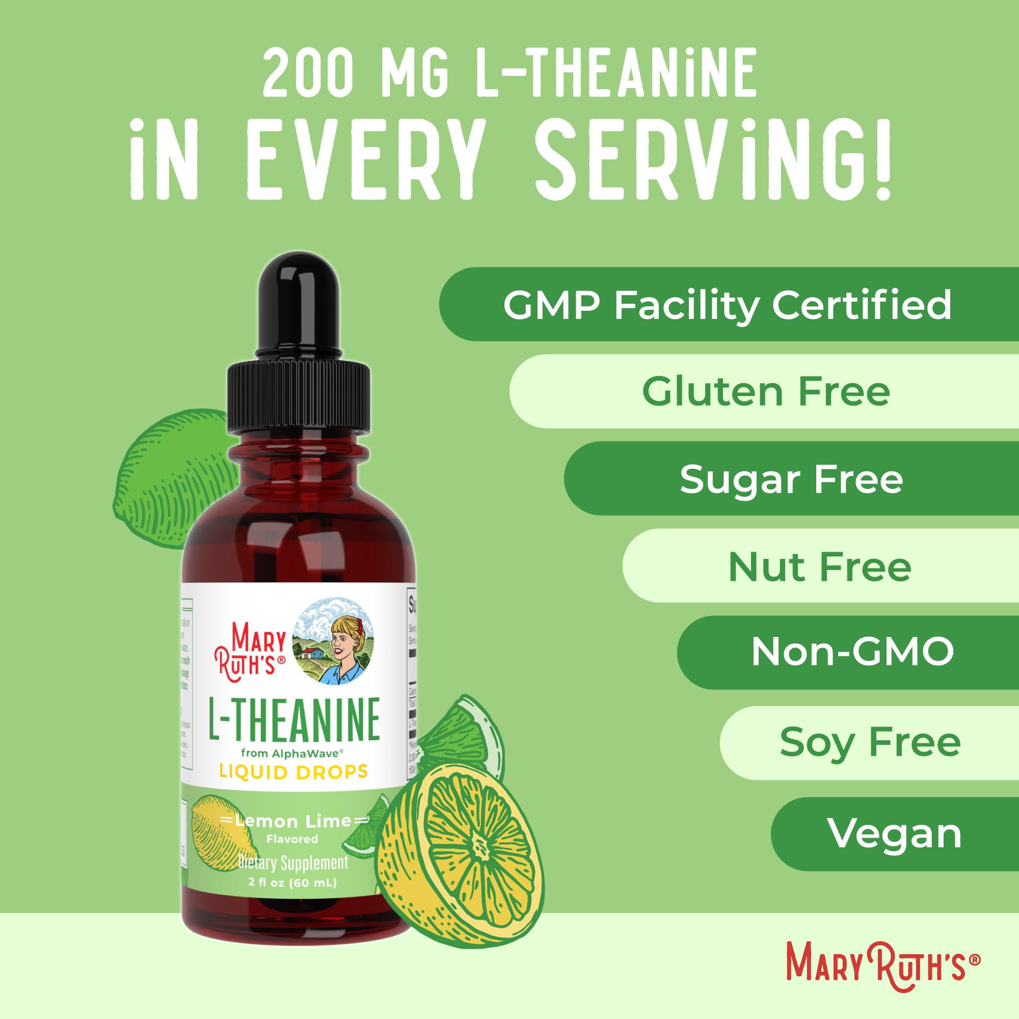 MaryRuth's L-Theanine sans lactose, noix et soja pour plusieurs régimes.