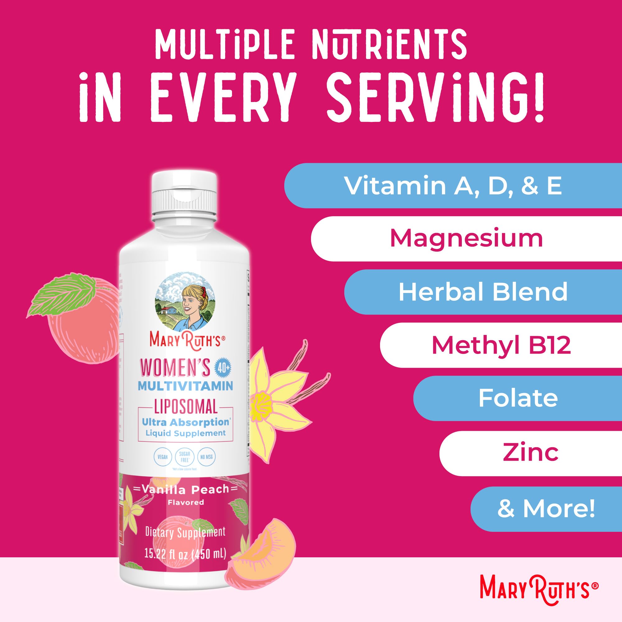 MaryRuth's liposomale pour femmes 40+ – flacon compact et absorption potentiellement optimisée.