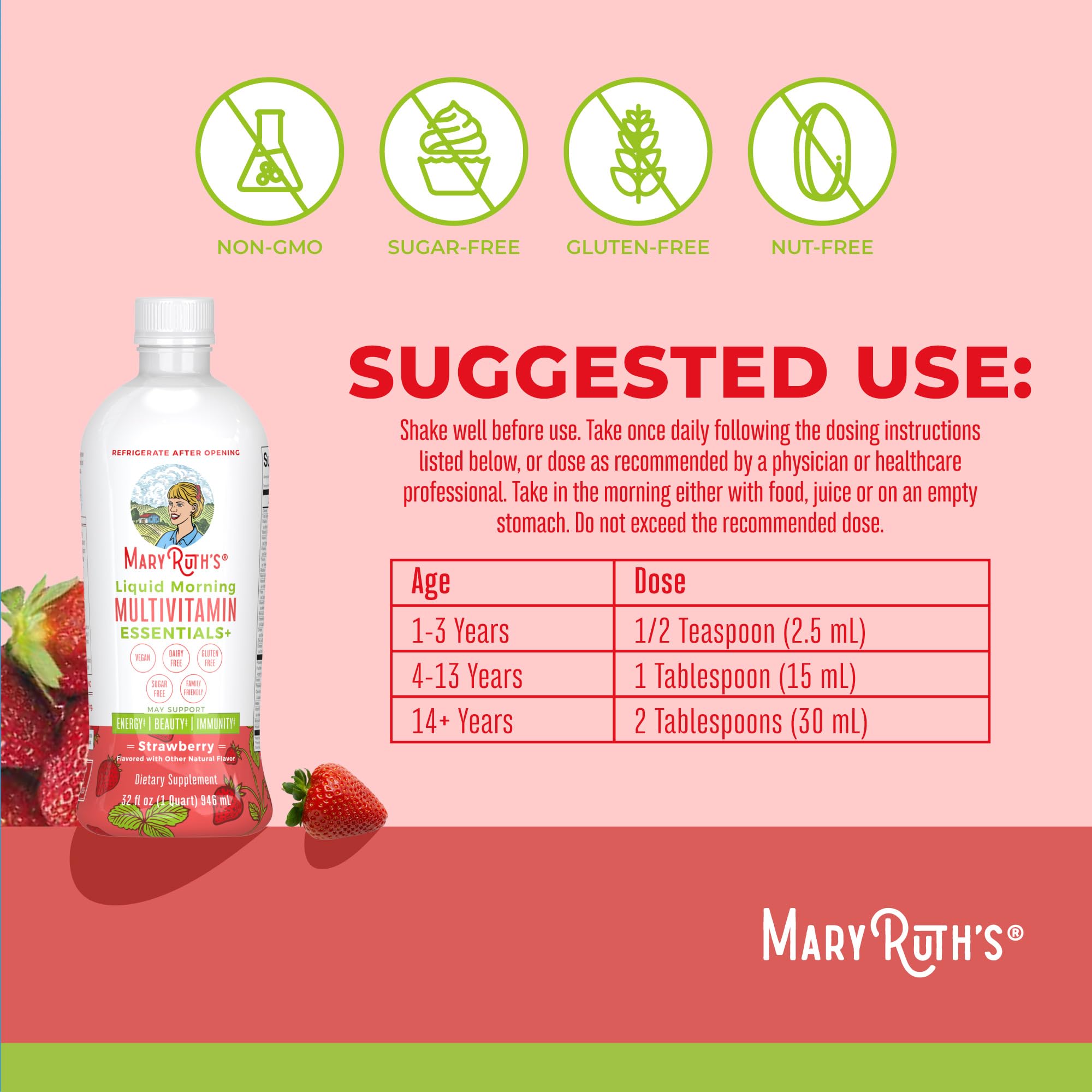 Étiquette MaryRuth's Essentials sur la bouteille, liste des ingrédients et bénéfices potentiels.