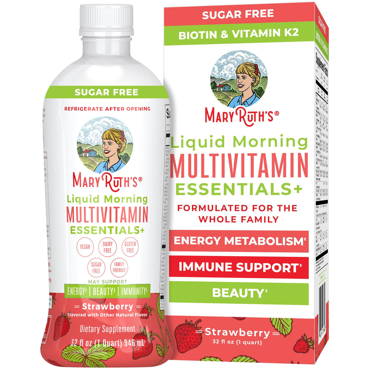 MaryRuth's Liquid Morning Multivitamin Essentials+ bouteille, saveur punch de fruits, prise facile au matin.