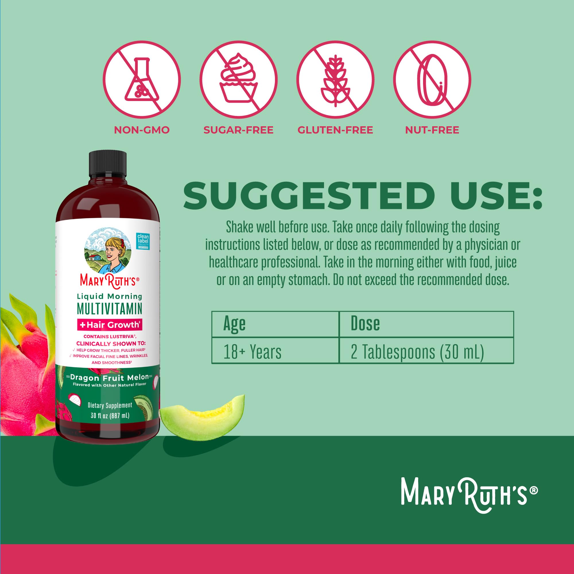 MARYRUTH'S liquide multivitamin Lustriva, ingrédients clés mis en avant