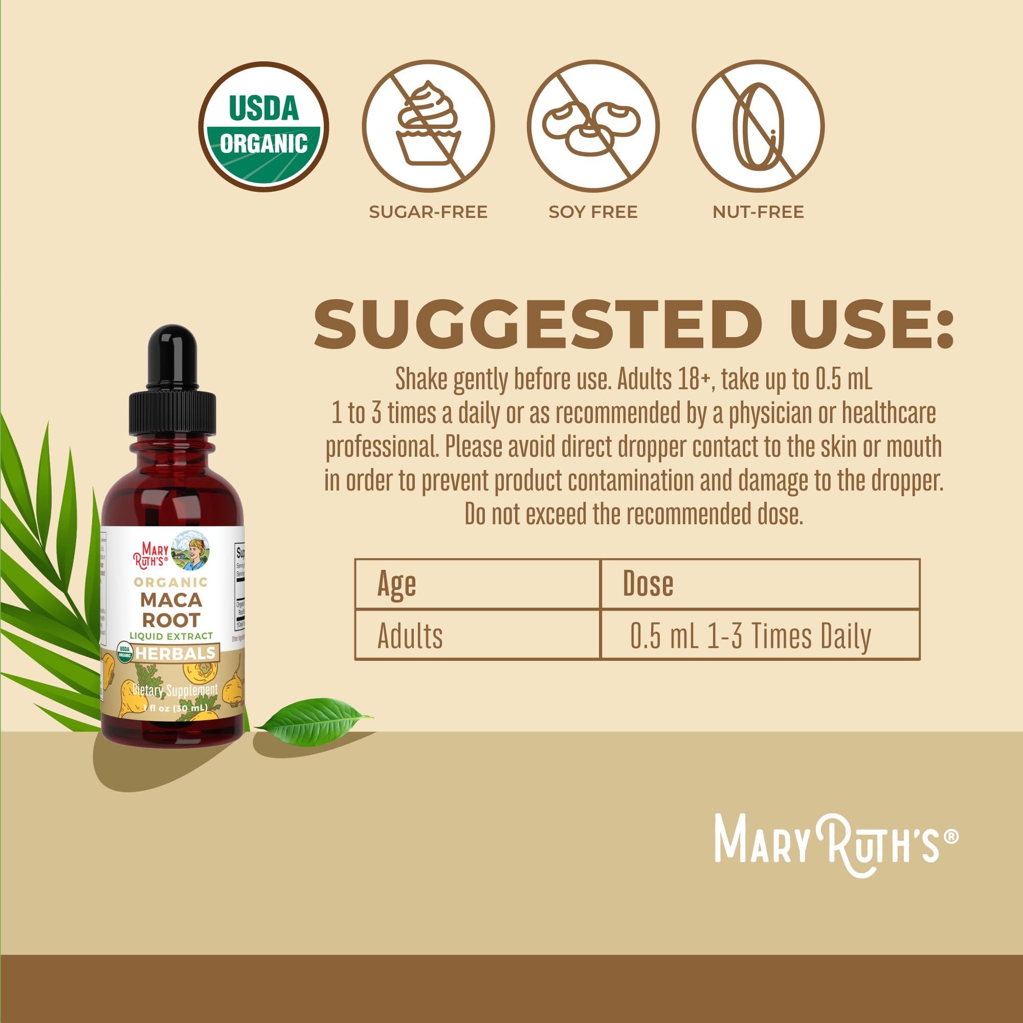 MaryRuth's Maca: bouteille de 30 ml prête à l'emploi pour usage quotidien.