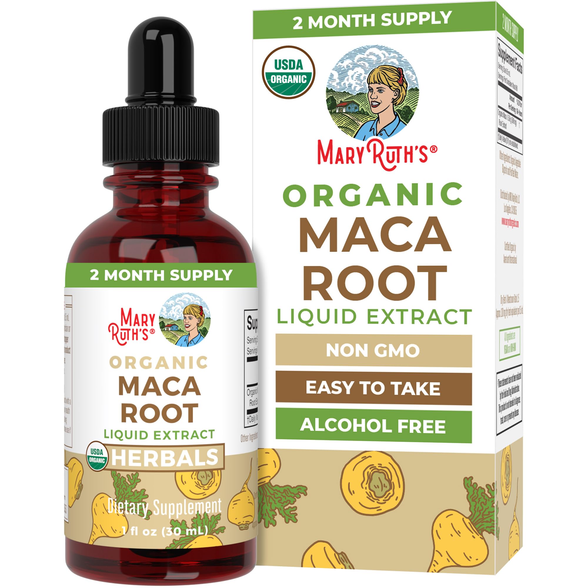 MaryRuth's Maca: gouttes-bouteille faciles à doser pour une prise pratique.