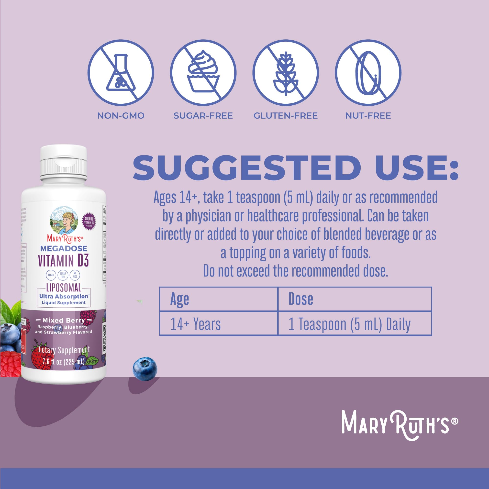 Doseur intégré MaryRuth's Megadose D3 Liposomal garantissant un dosage précis