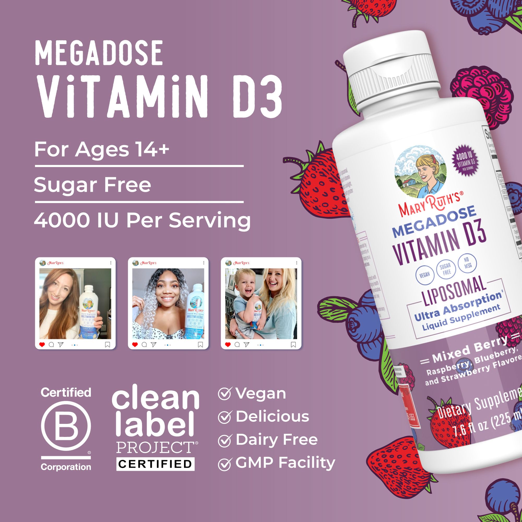 Ingrédients Vegan et sans allergènes visibles sur MaryRuth's Megadose D3 Liposomal