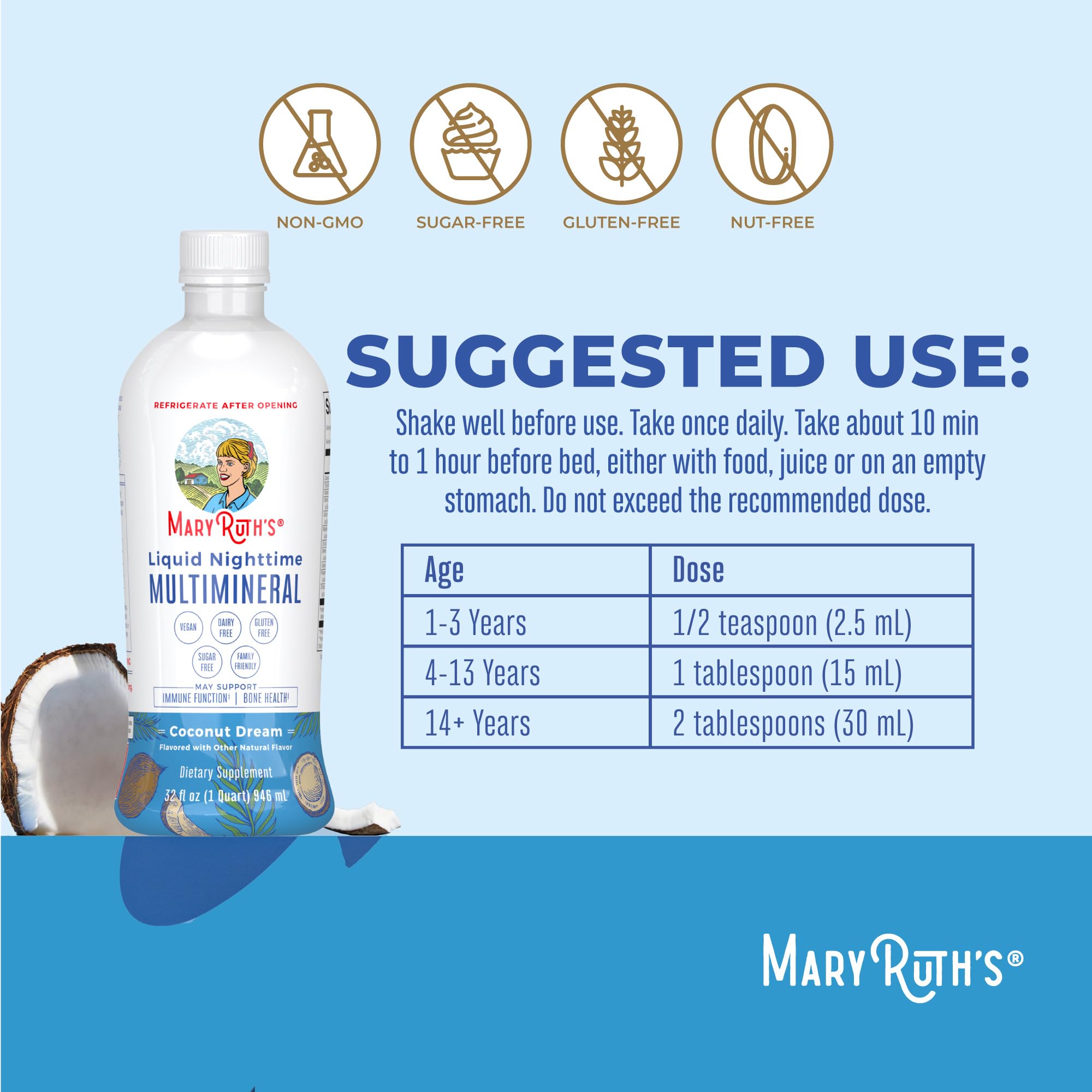 MaryRuth's Multimineral nocturne en gouttes, utilisation pratique chaque soir.