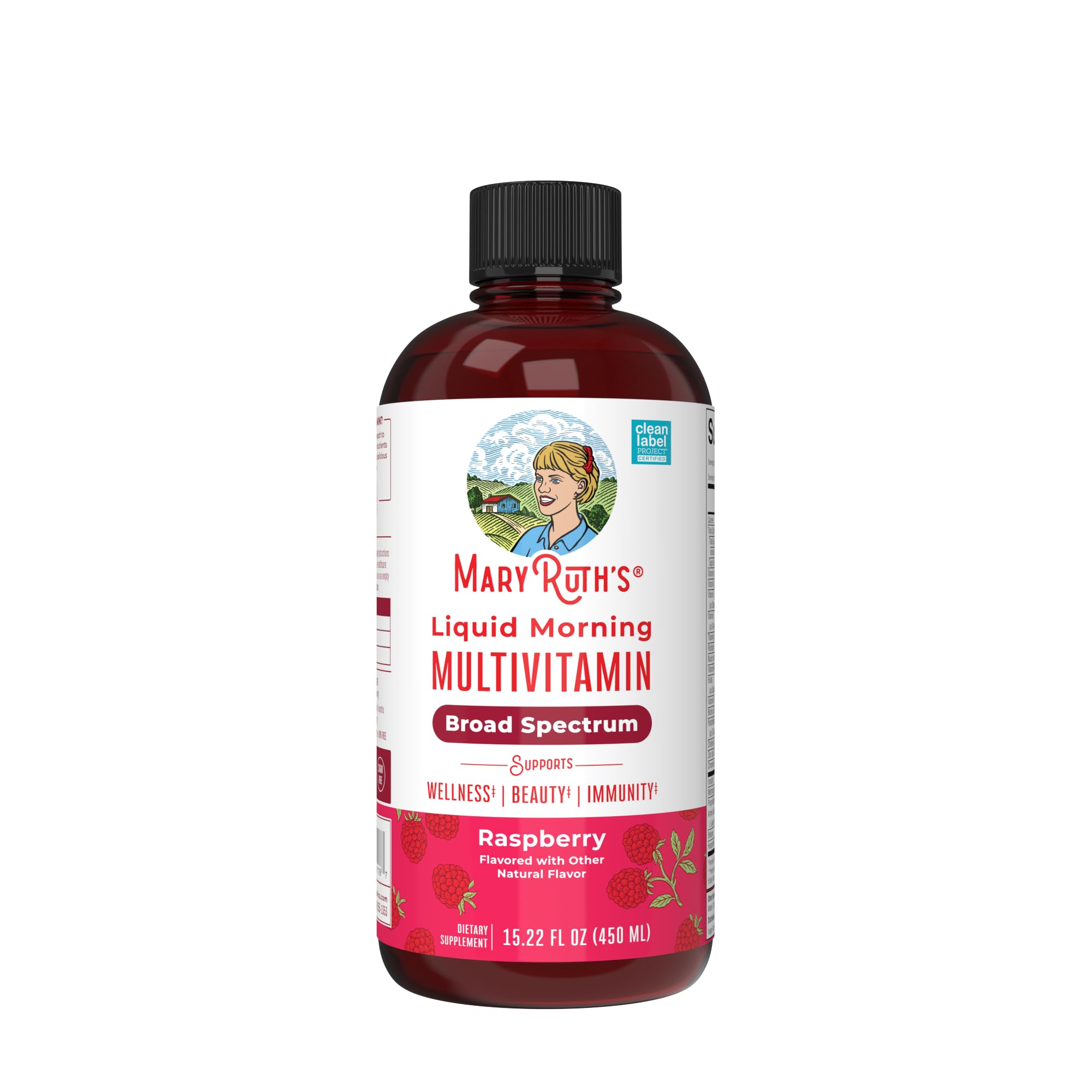 MARYRUTH'S Multivitamine liquide en bouteille framboise, soutien l'énergie quotidienne.