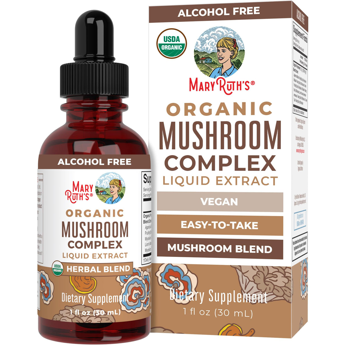 MARYRUTH'S Mushroom Complex – bouteille ouverte, facile à intégrer dans la routine quotidienne.