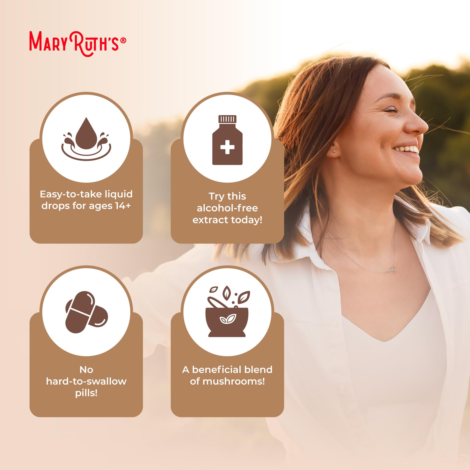 MARYRUTH'S Mushroom Complex – produit vegan et sans alcool, adapté à divers régimes.