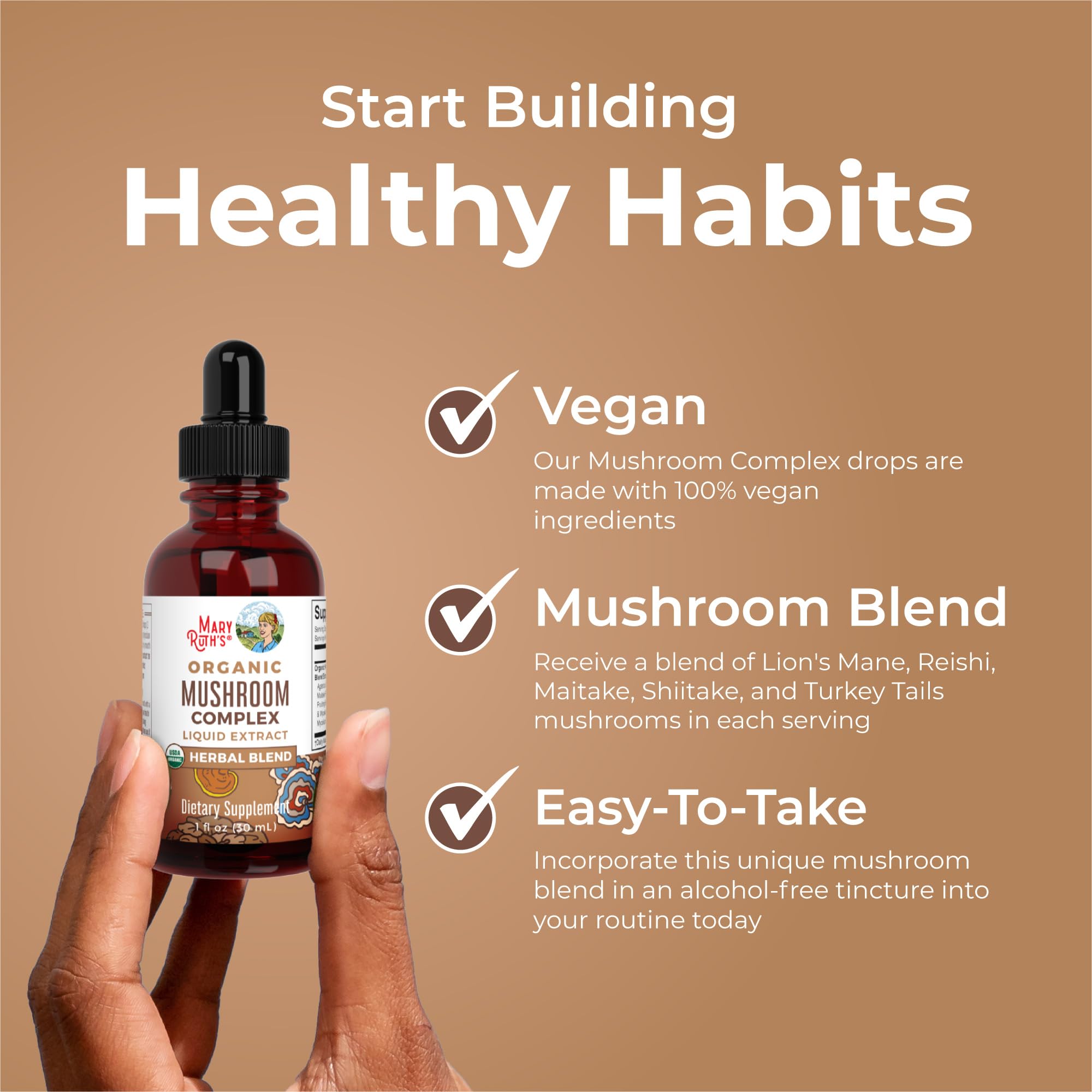 MARYRUTH'S Mushroom Complex – mélange de six champignons pour un profil végétal riche.