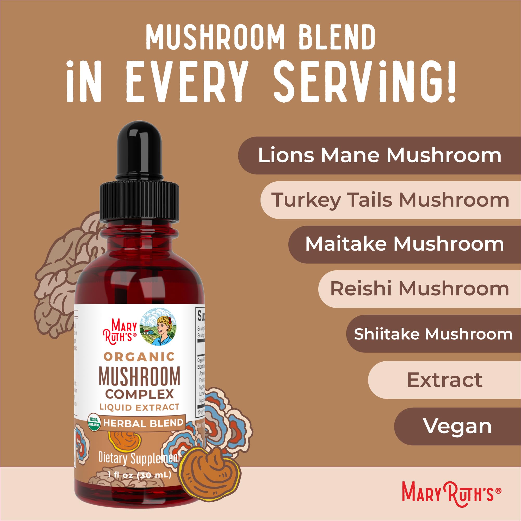 MARYRUTH'S Mushroom Complex – sans allergènes courants et fabriqué en usine GMP.