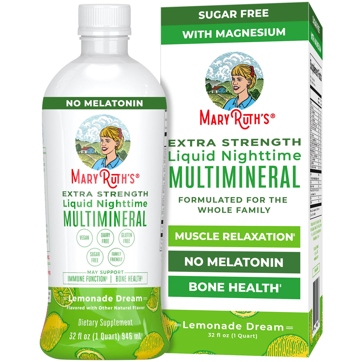 Flacon MaryRuth's Nuit Extra Multimineral sur table, détente musculaire nocturne potentielle.