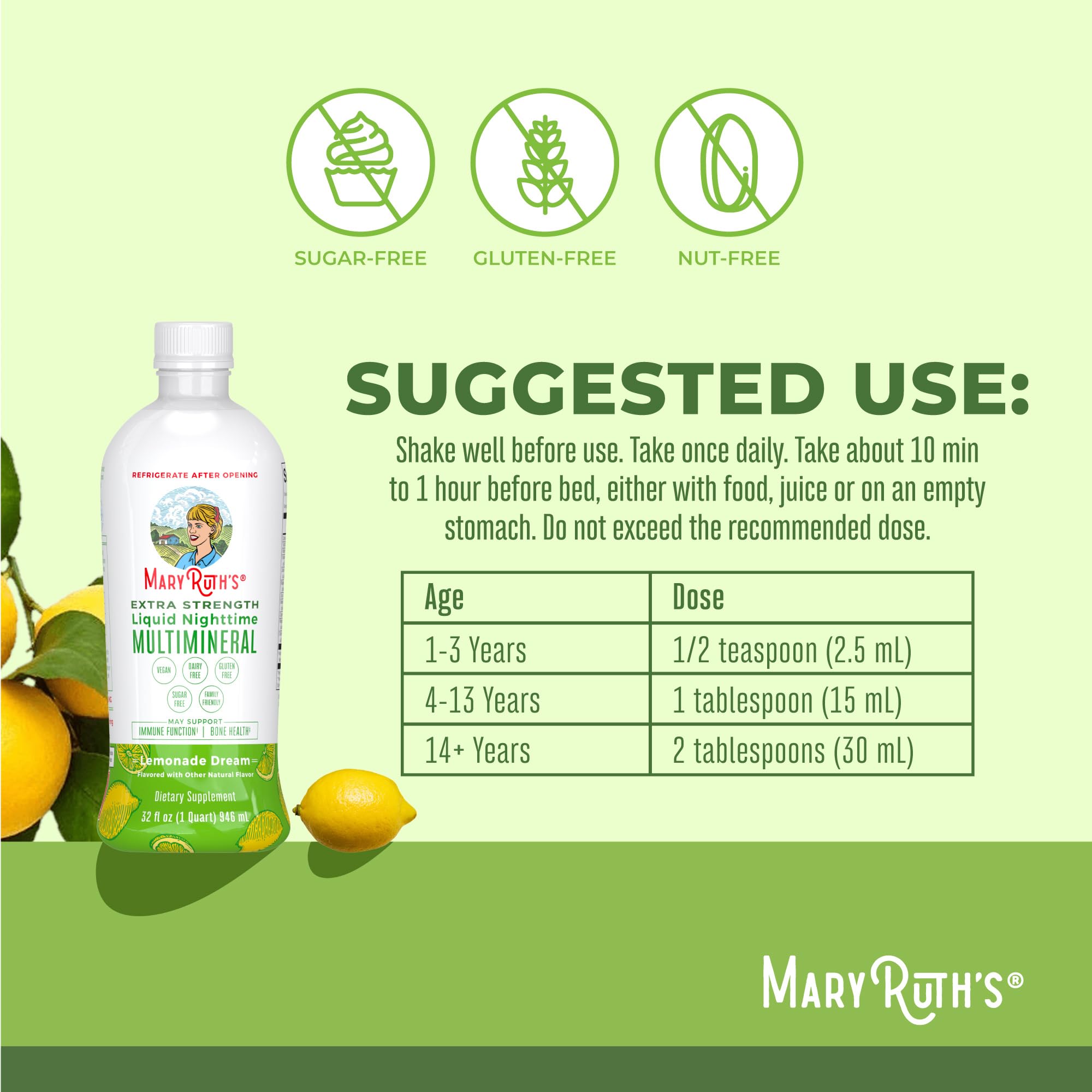 Goutte-limonade MaryRuth's Nuit Extra Multimineral, goût agréable pour prendre le soir.
