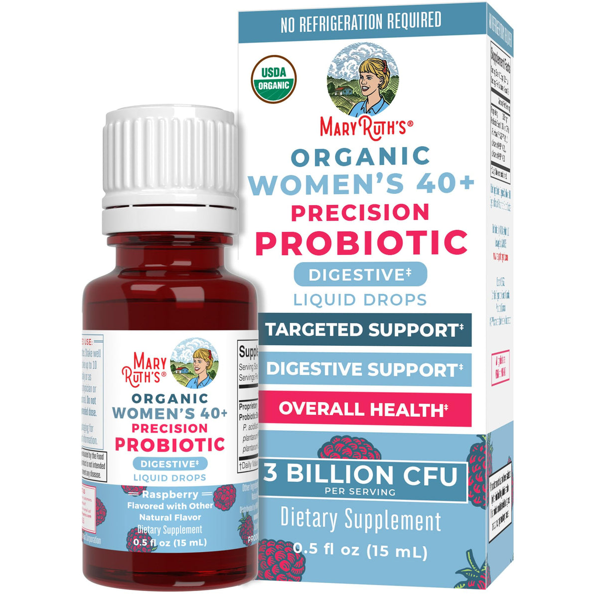 MaryRuth's Probiotiques liquides 40+ : bouteille prête au soutien digestif.