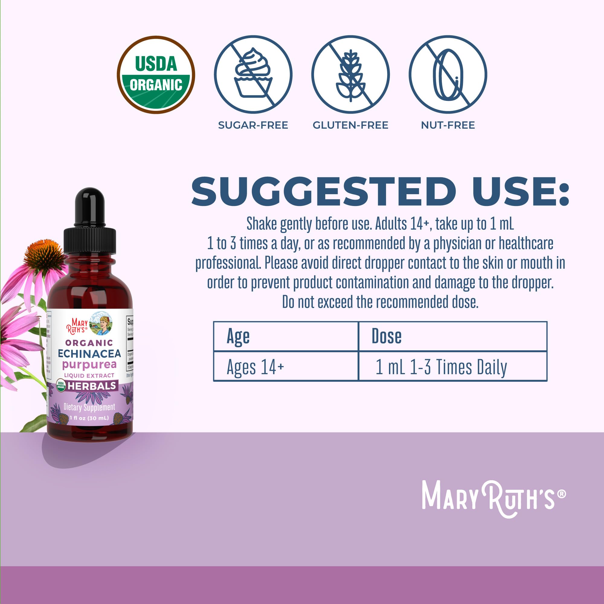 Ajout dans l’eau avec MaryRuths Echinacea Liquide pour une utilisation rapide.