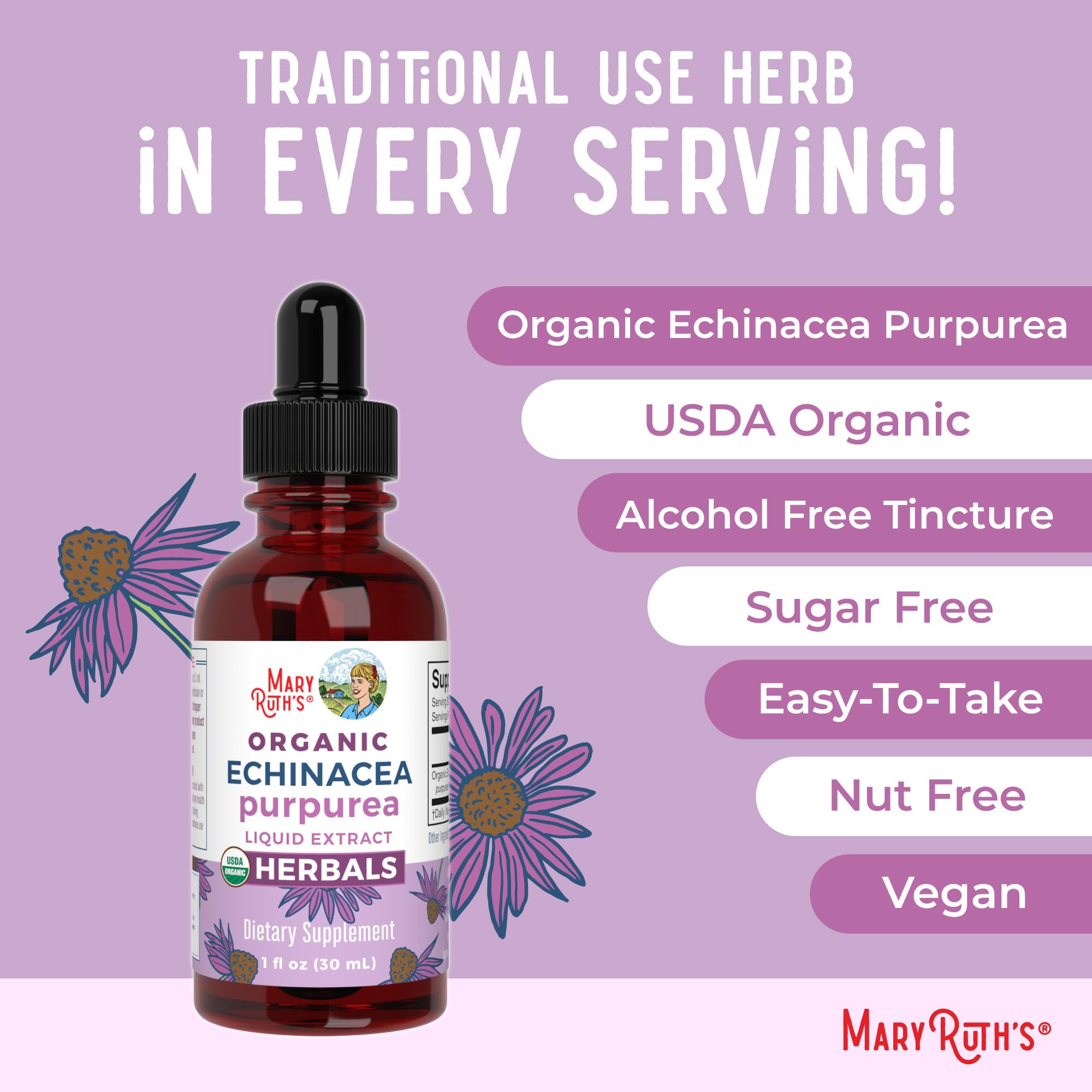 Formule sans alcool de MaryRuths Echinacea Liquide, adaptée à divers modes de vie.