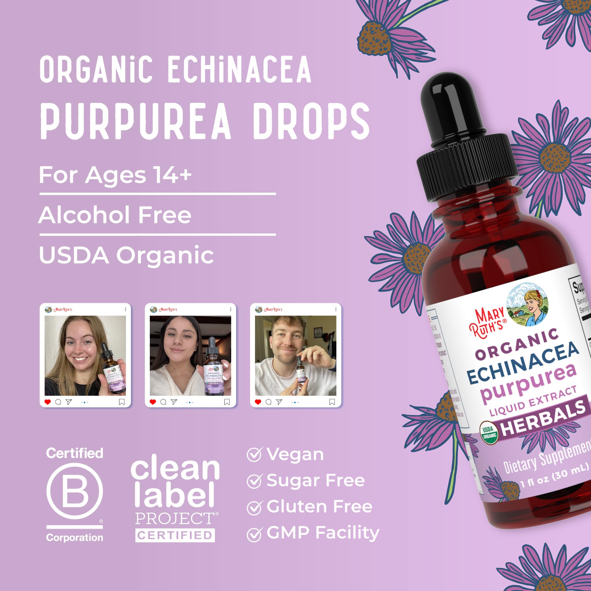 MaryRuths Echinacea Liquide sans produits animaux et sans substances qui posent problème.