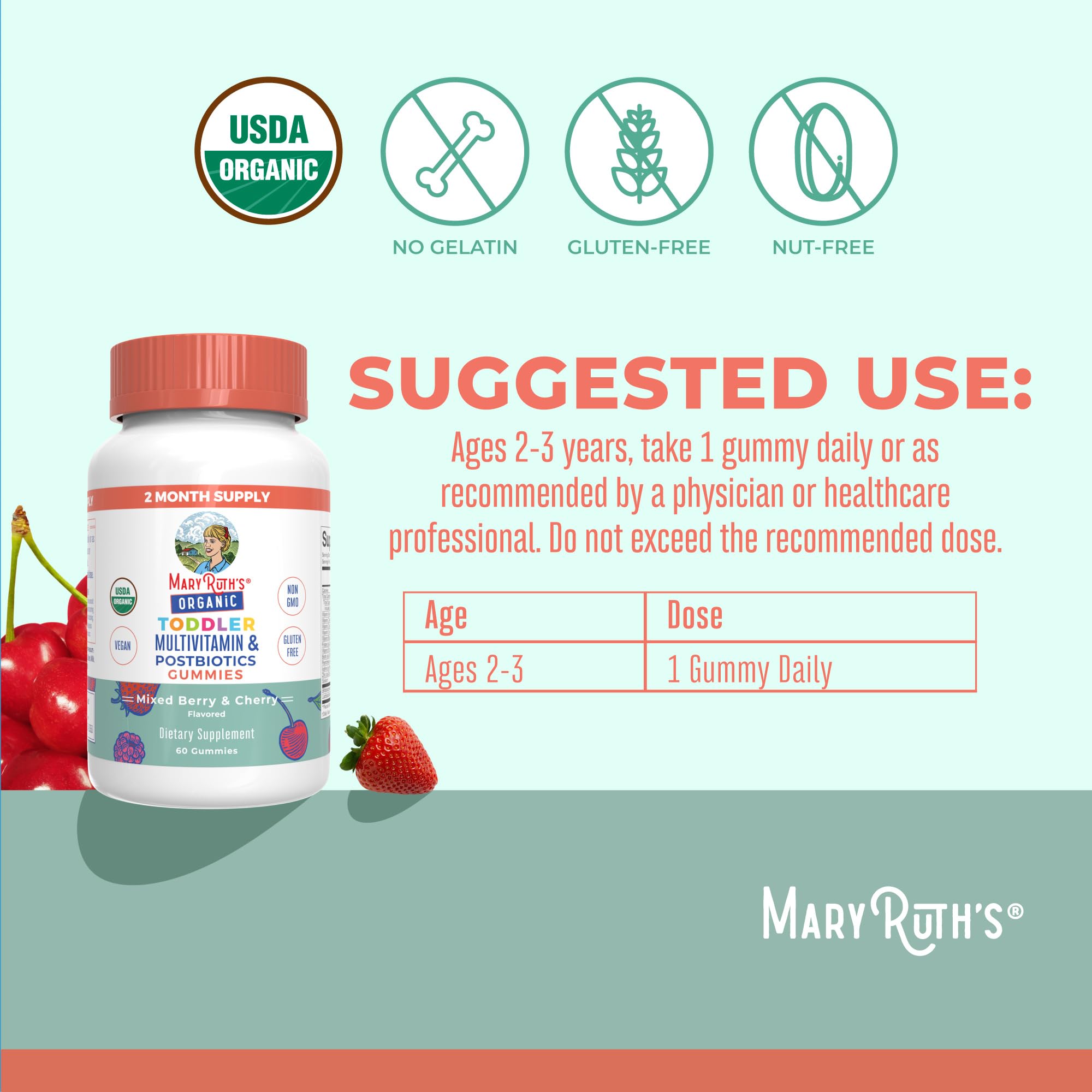 Gomme MaryRuth's Organics avec postbiotiques, ingrédients visibles et transparence.