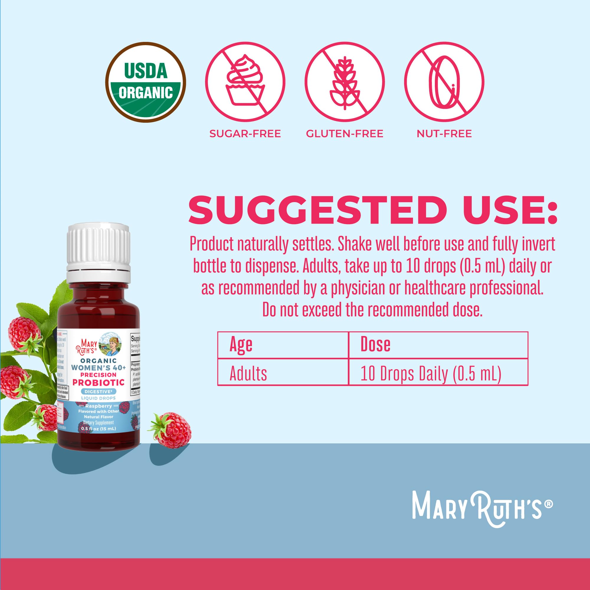 Pipette et doseur MaryRuth's : prise rapide et pratique des gouttes quotidiennes.
