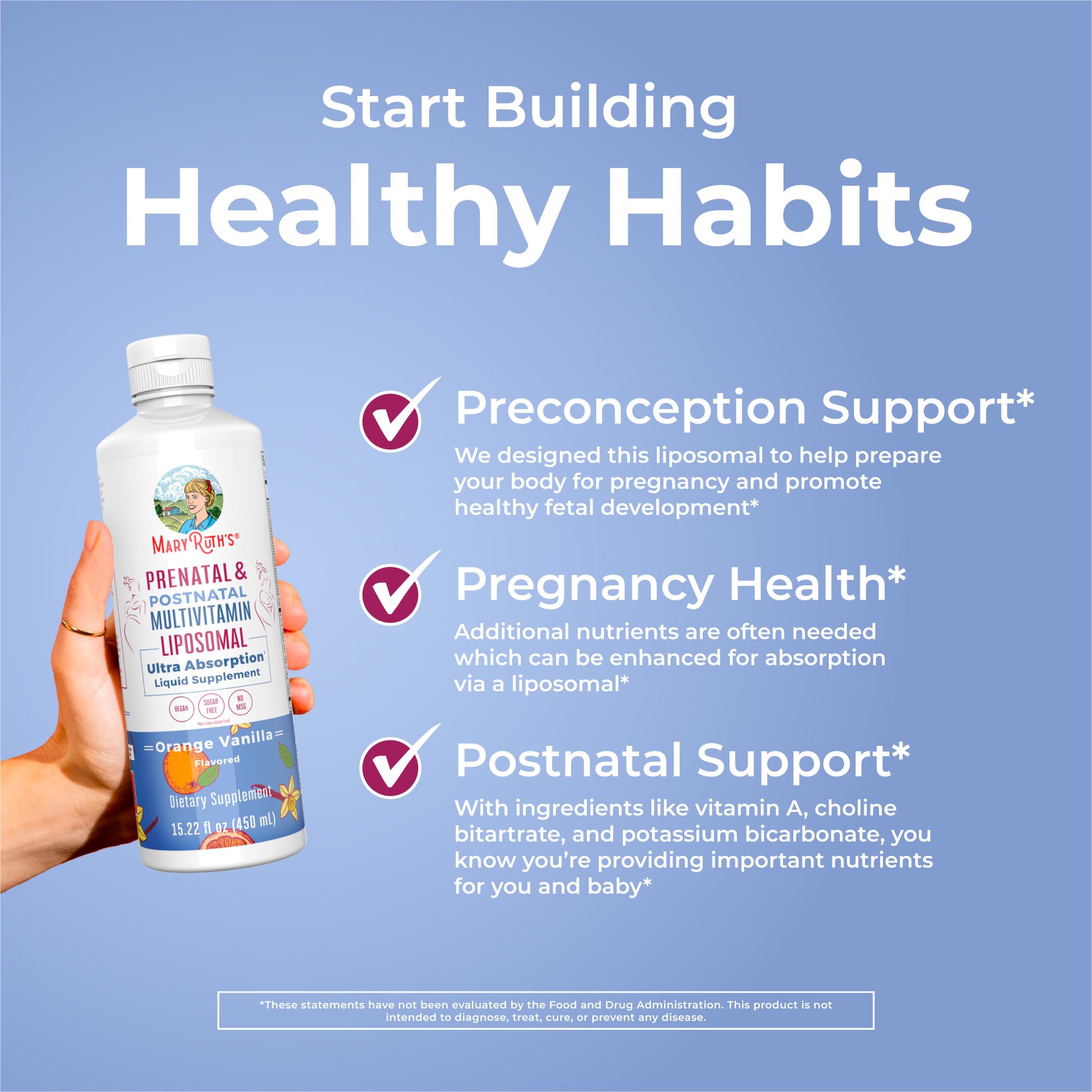 MaryRuth's Prenatal Liposomal – boisson au goût fruité facile à boire en déplacement.