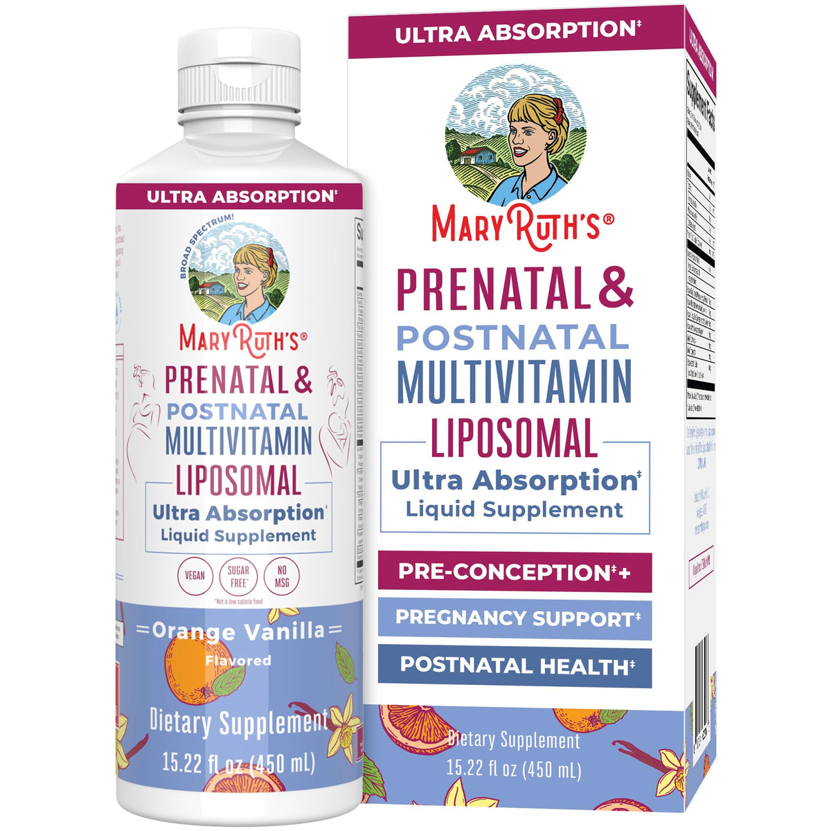 MaryRuth's Prenatal Liposomal – bouteille orange-vanille, prise quotidienne facile.