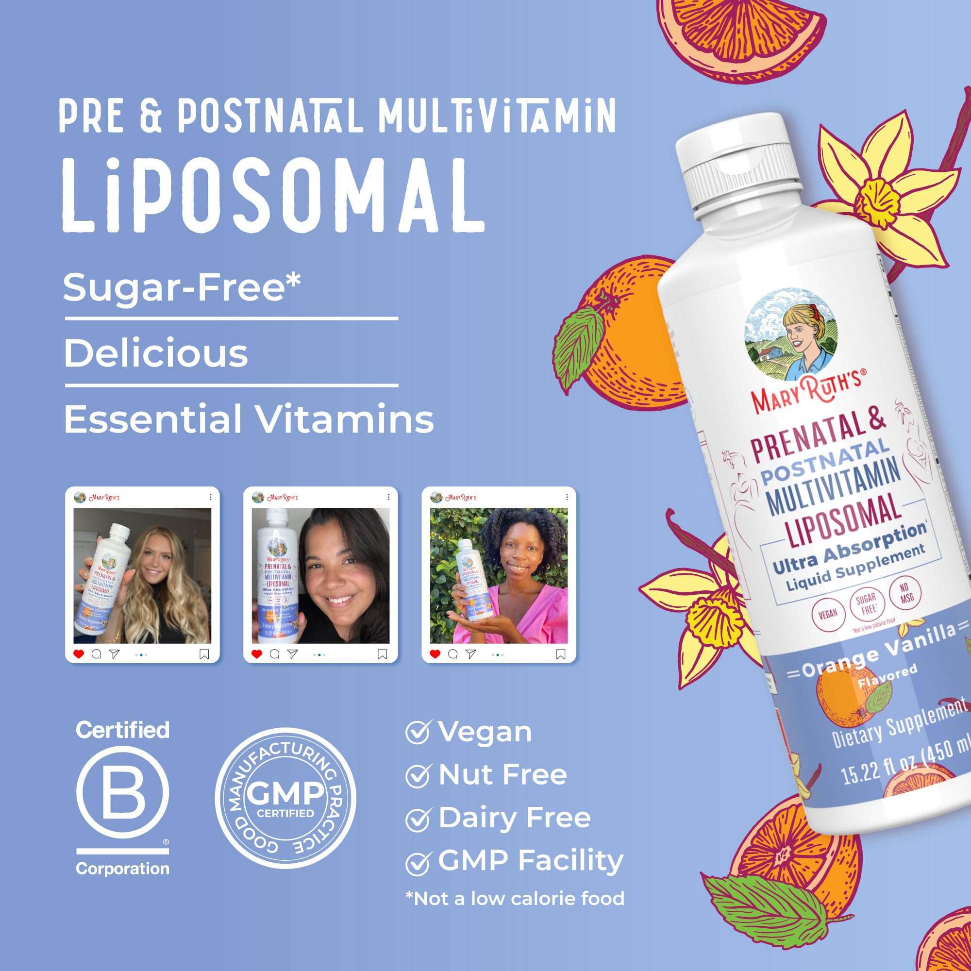 MaryRuth's Prenatal Liposomal – sans gluten et sans OGM, choix conscient.