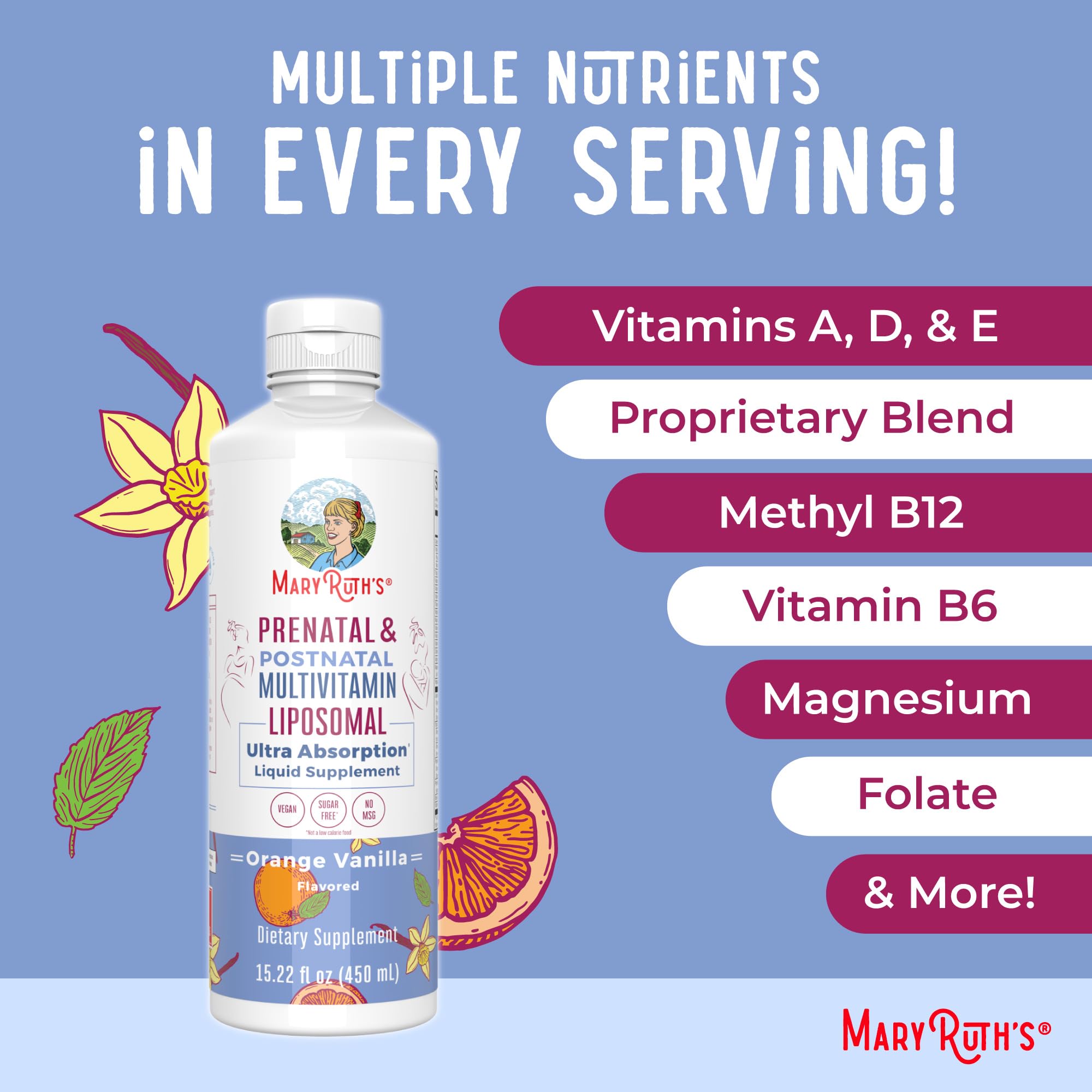 MaryRuth's Prenatal Liposomal – formulation végane et sans lactose.