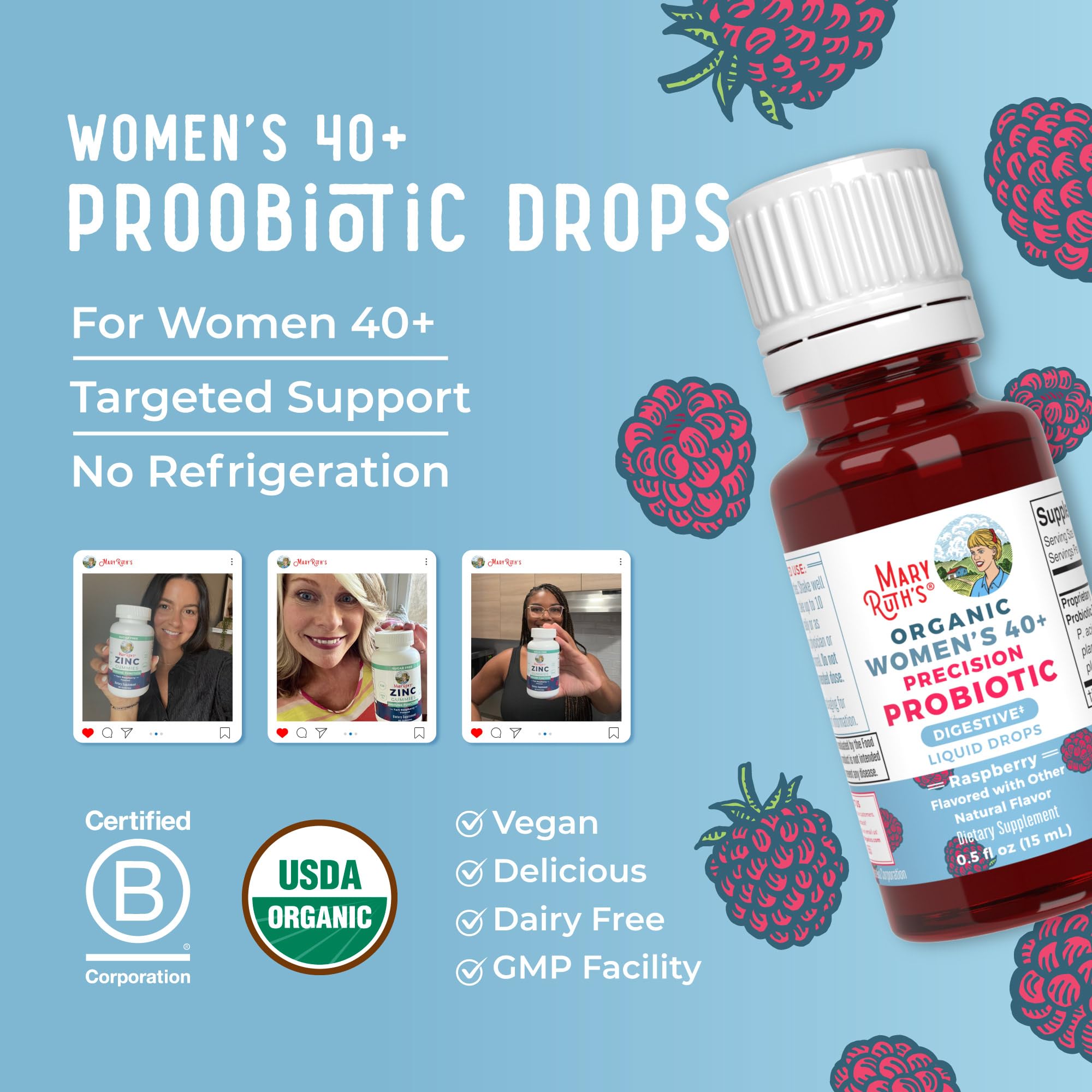 Sans gluten et sans soja sur l'emballage MaryRuth's Probiotiques.