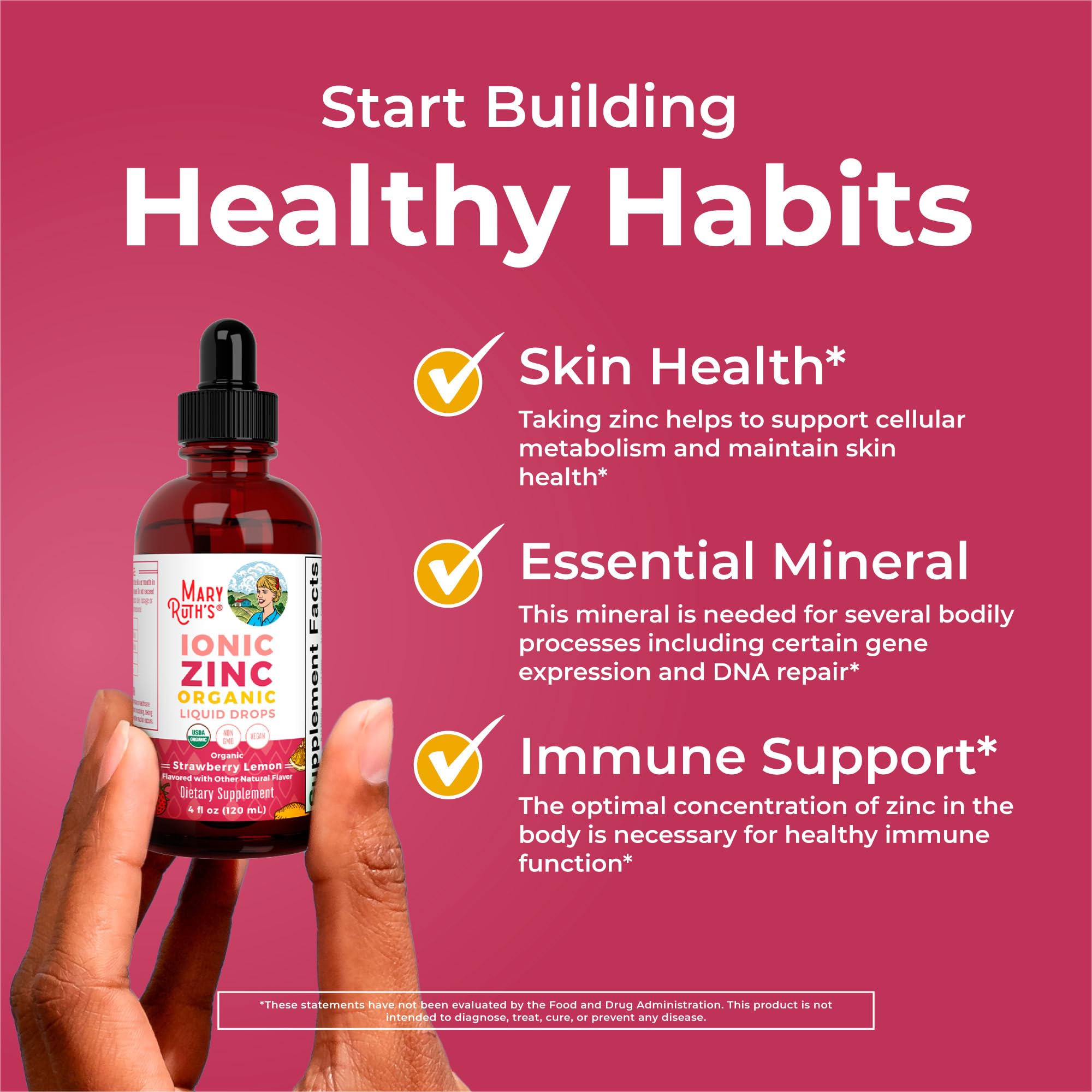 MaryRUTH'S Zinc Ionique – zinc dans l'eau, goût Fraise-Citron agréable.