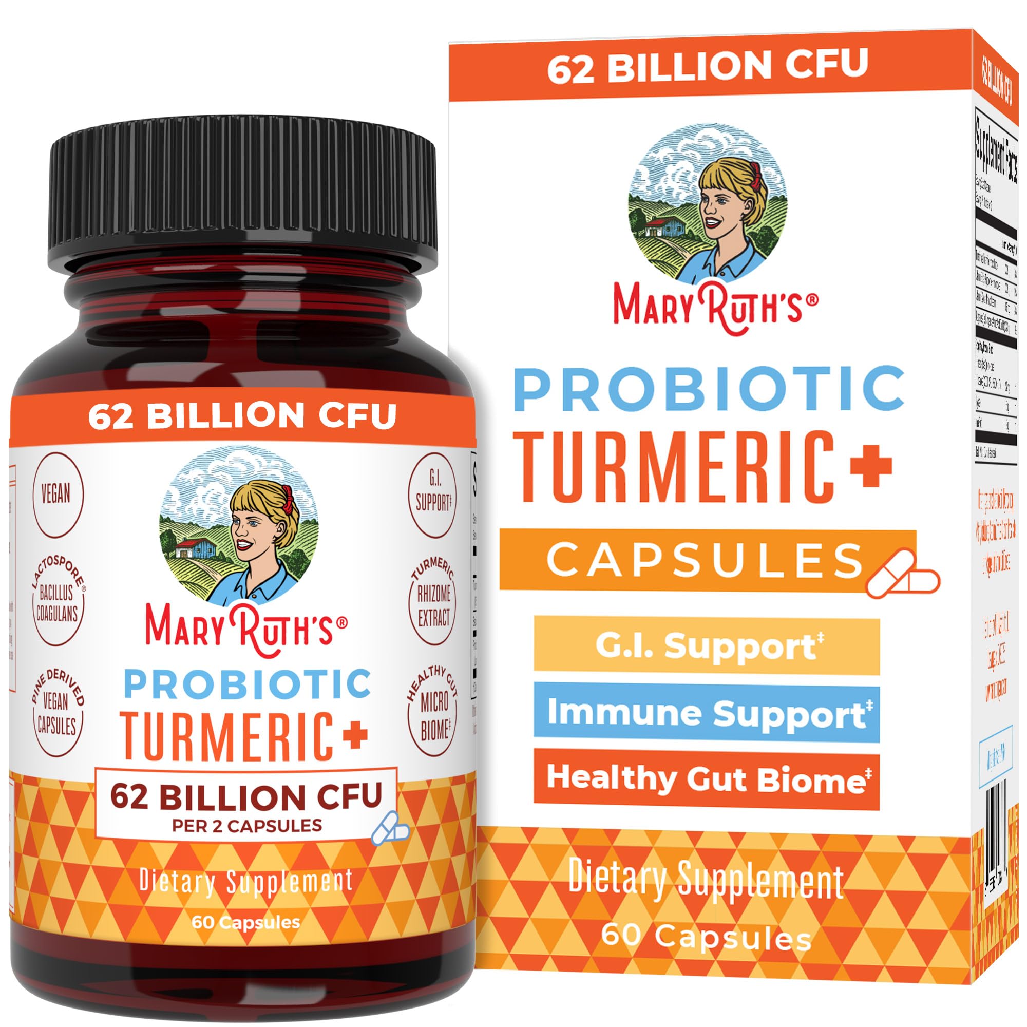 MaryRuth's Probiotiques Curcuma – Bouteille montrant les capsules pour une digestion confortable