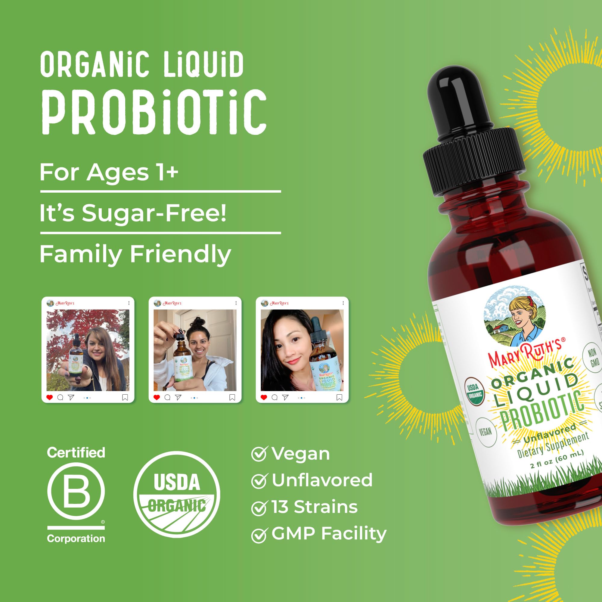 MaryRuth's Probiotique Liquide étiquette clean-label et certification vegan