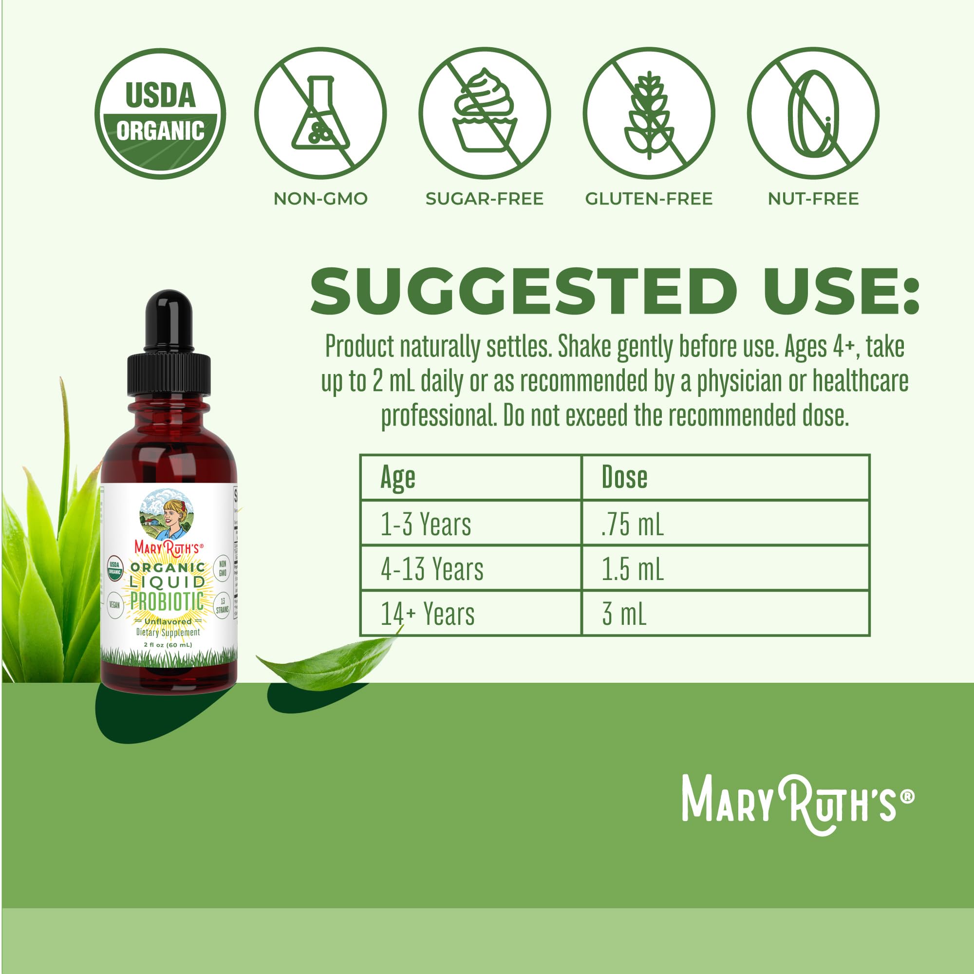 MaryRuth's Probiotique Liquide pipette doseuse facilitant le dosage quotidien