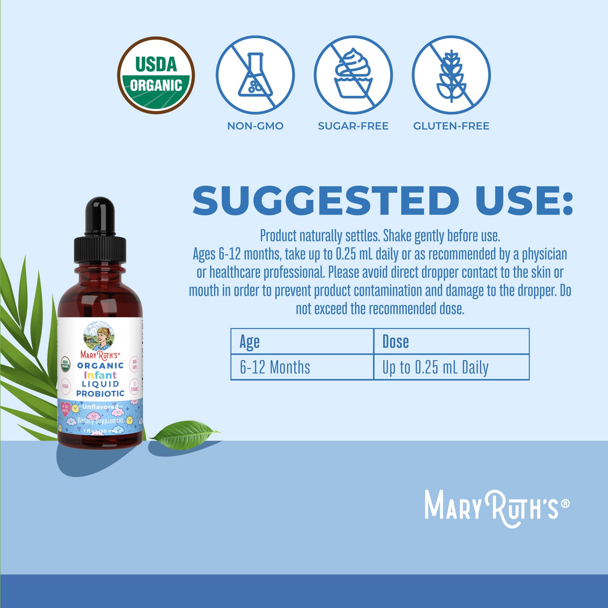 MaryRuth's Probiotiques cinq souches, flacon compact prêt à l'usage.
