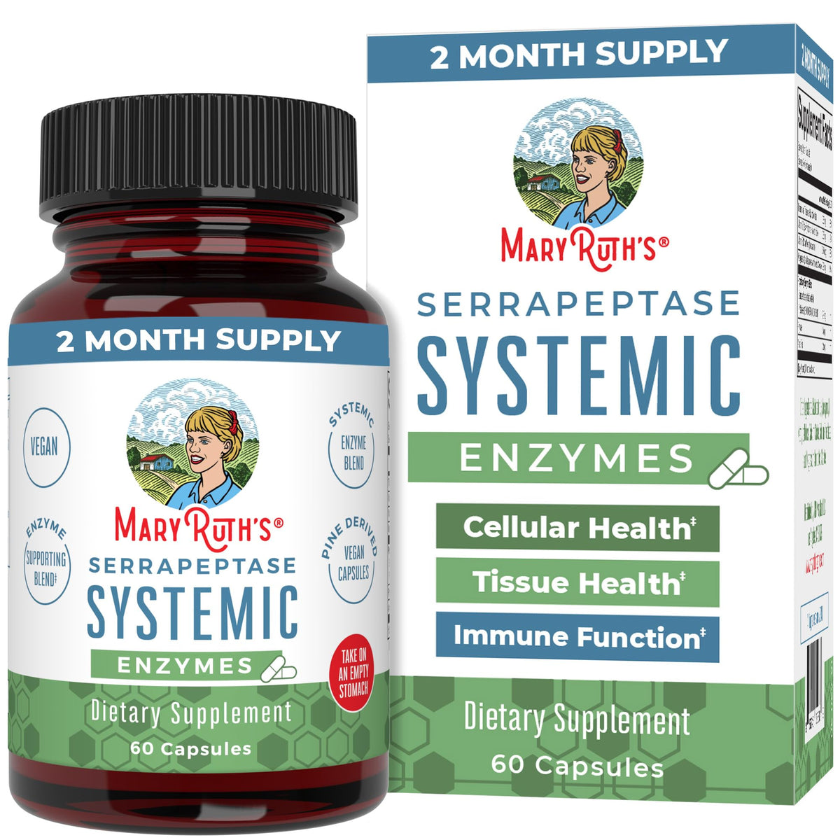 MaryRuth's Serrapeptase: bouteille-label, soutien potentiel à la santé tissulaire.