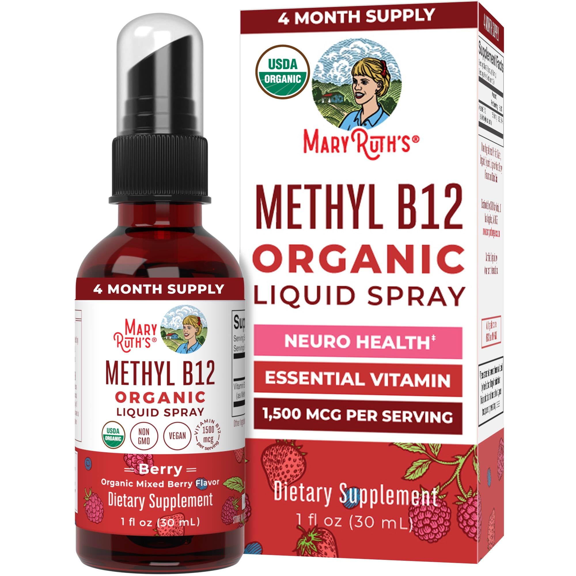 MARYRUTH'S spray B12 méthylcobalamine bouteille: énergie naturelle possible au quotidien.