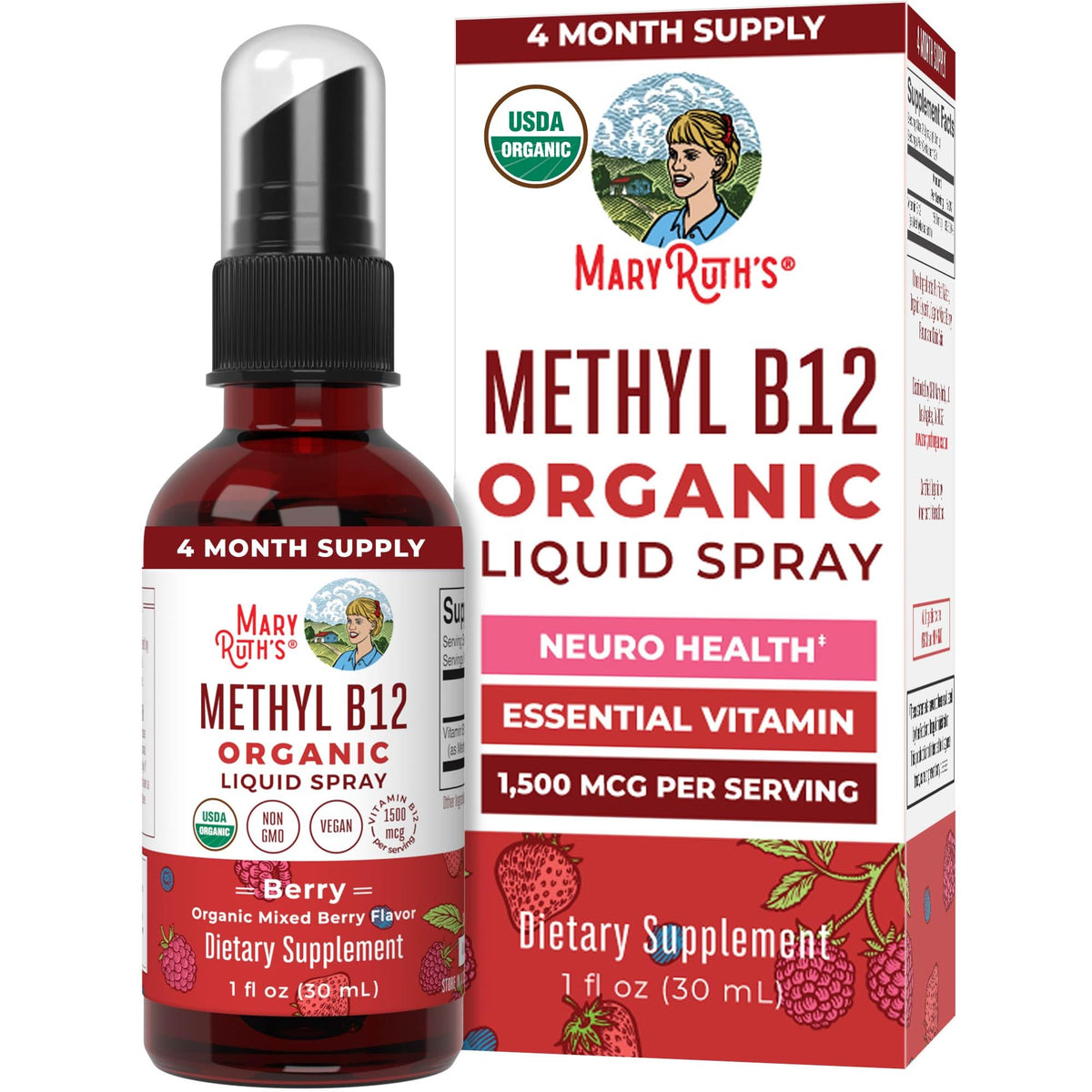 MARYRUTH'S spray B12 méthylcobalamine bouteille: énergie naturelle possible au quotidien.
