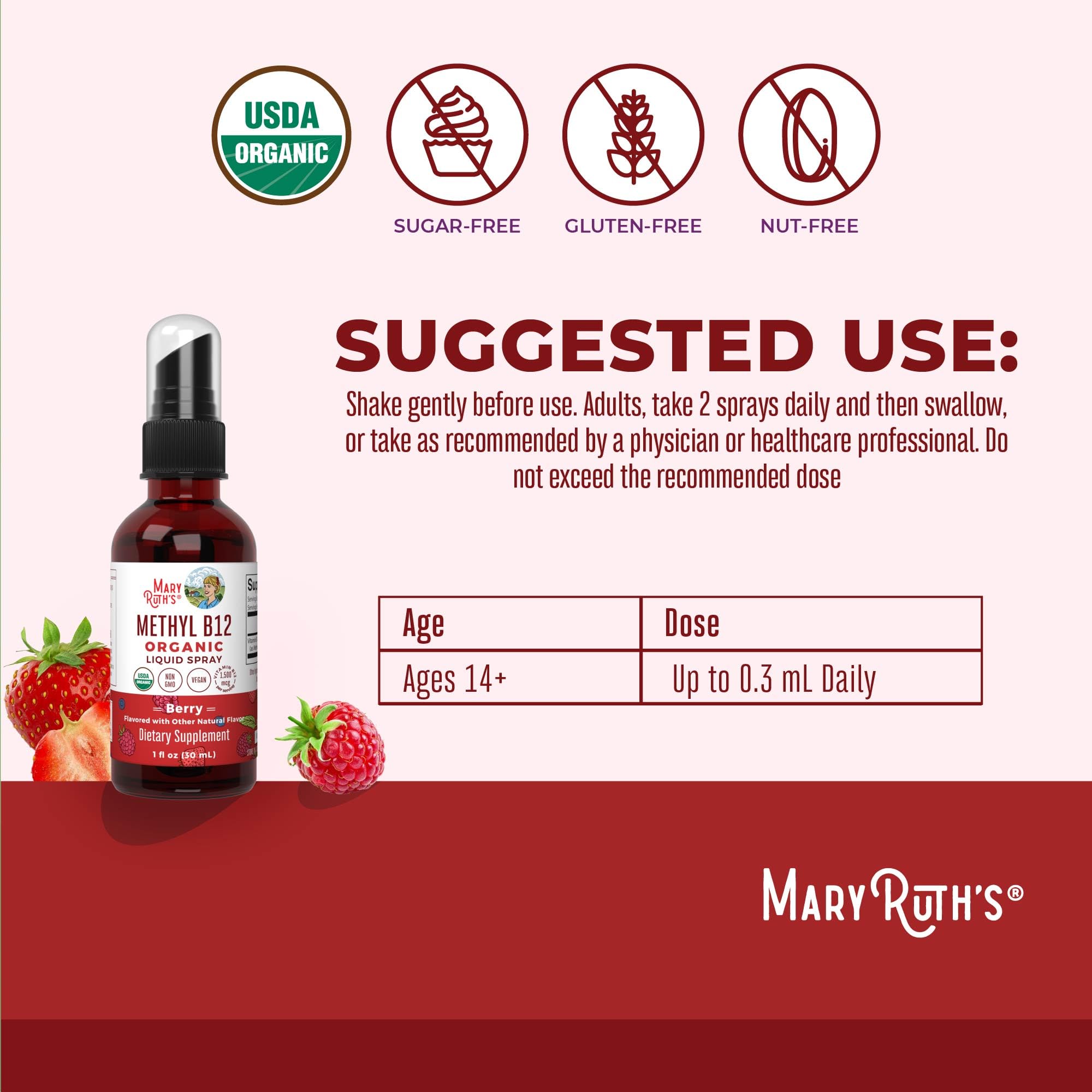 MARYRUTH'S spray B12 méthylcobalamine flacon compact idéal pour le voyage.