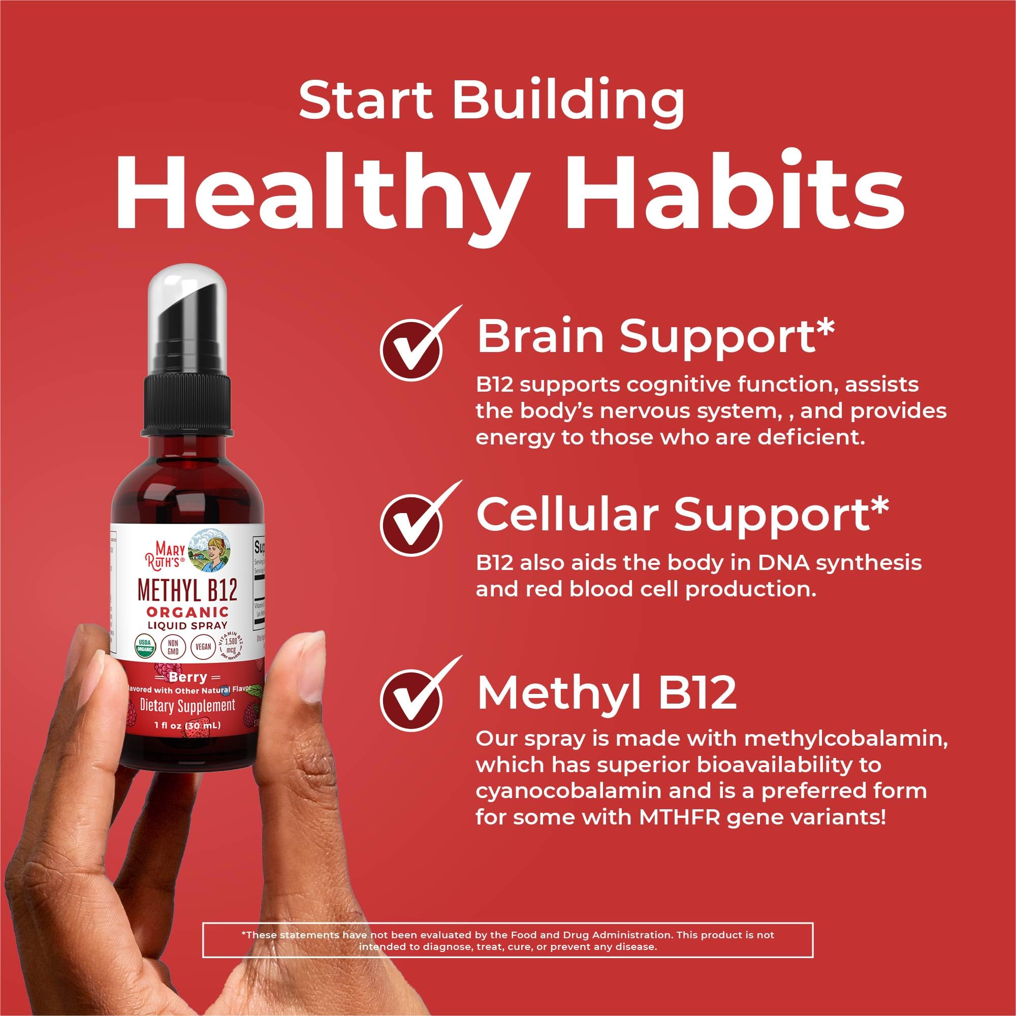 MARYRUTH'S spray B12 méthylcobalamine utilisation rapide en mouvement.
