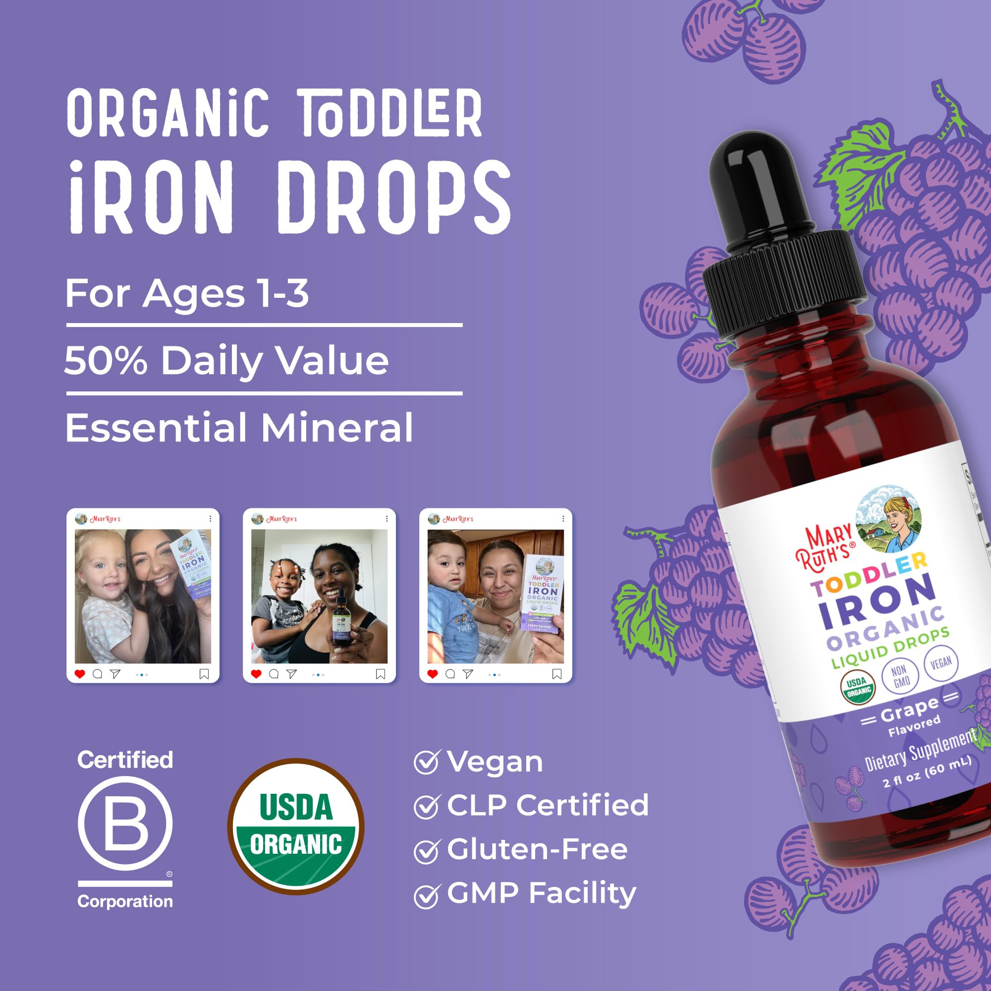 Certifications bio et vegan MaryRuth's fer liquide.