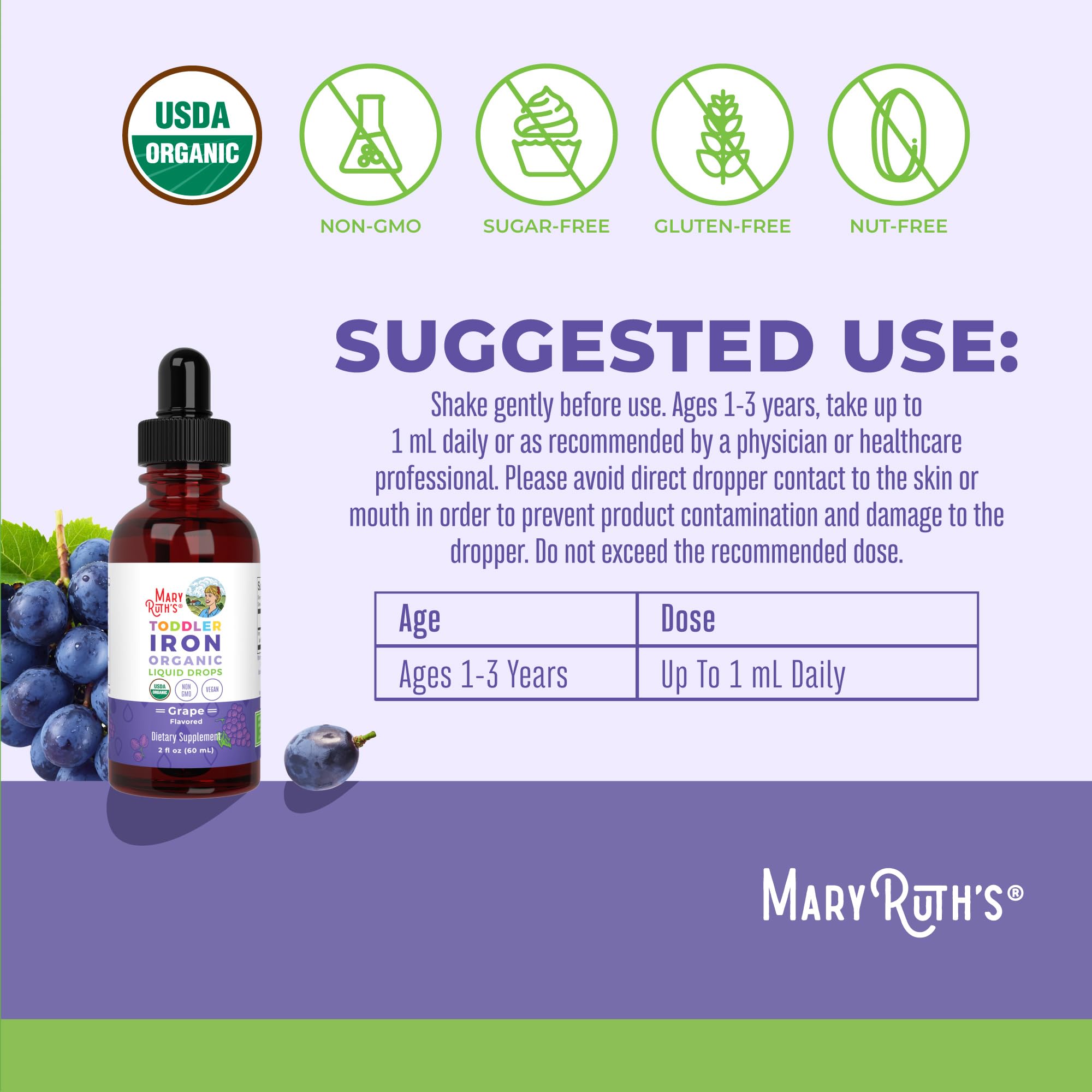 Doseur-gouttes MaryRuth's indiquant la dose quotidienne du supplément.