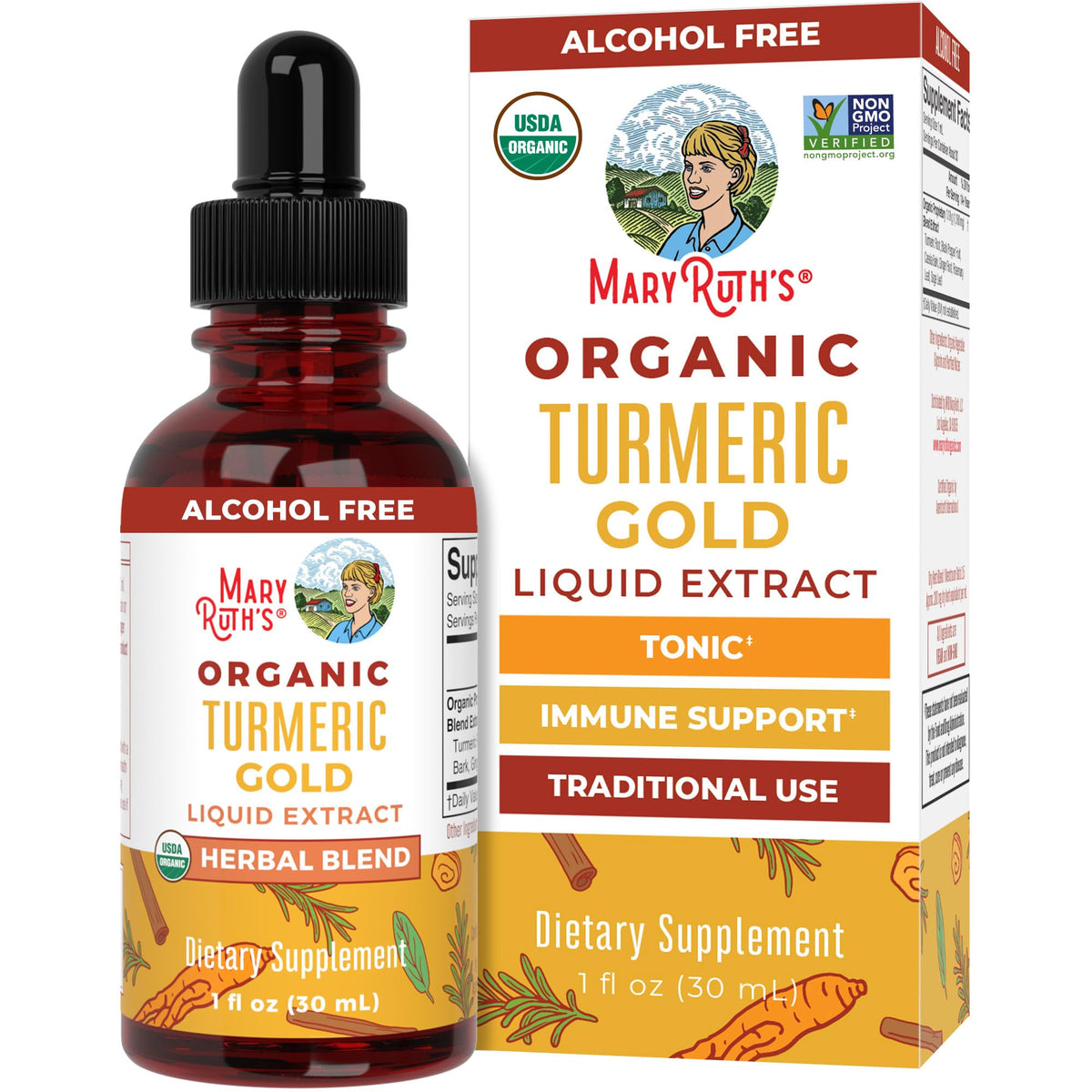 Gouttes MaryRuth's Turmeric Gold dans bouteille 1oz prête à usage quotidien.