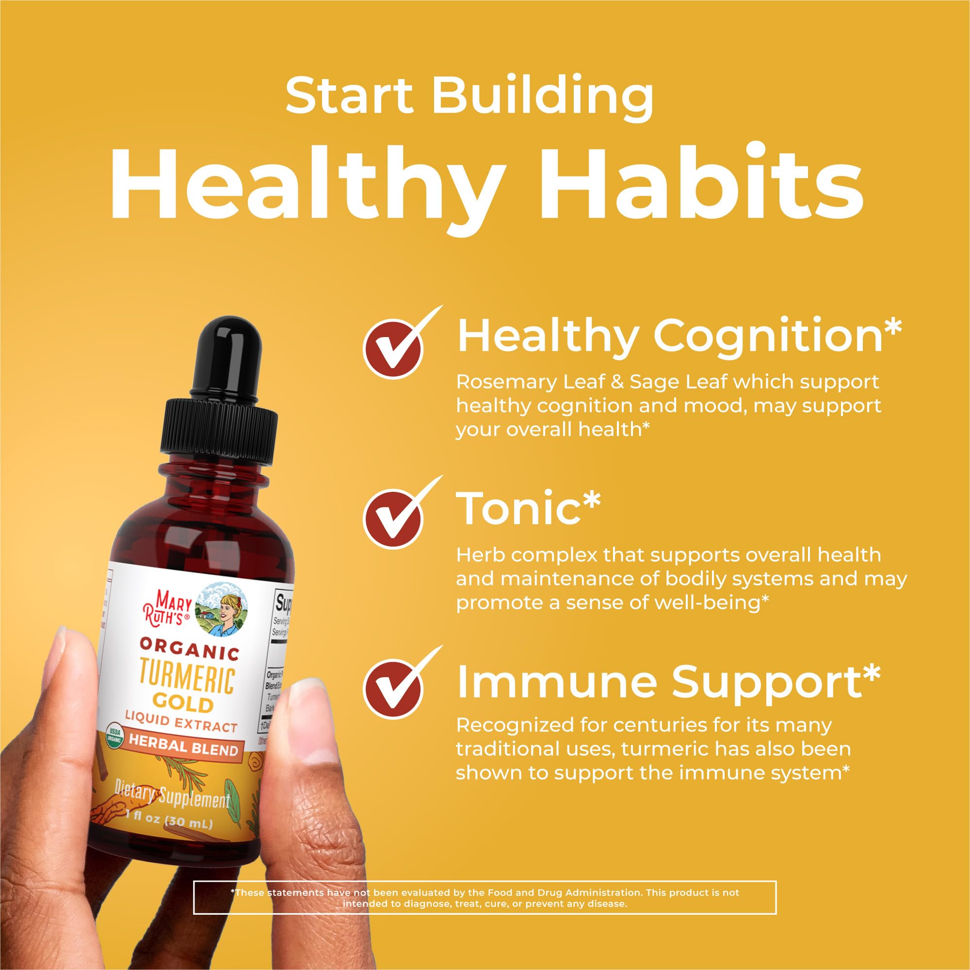 Étiquette bio MaryRuth's Turmeric Gold indiquant ingrédients naturels.