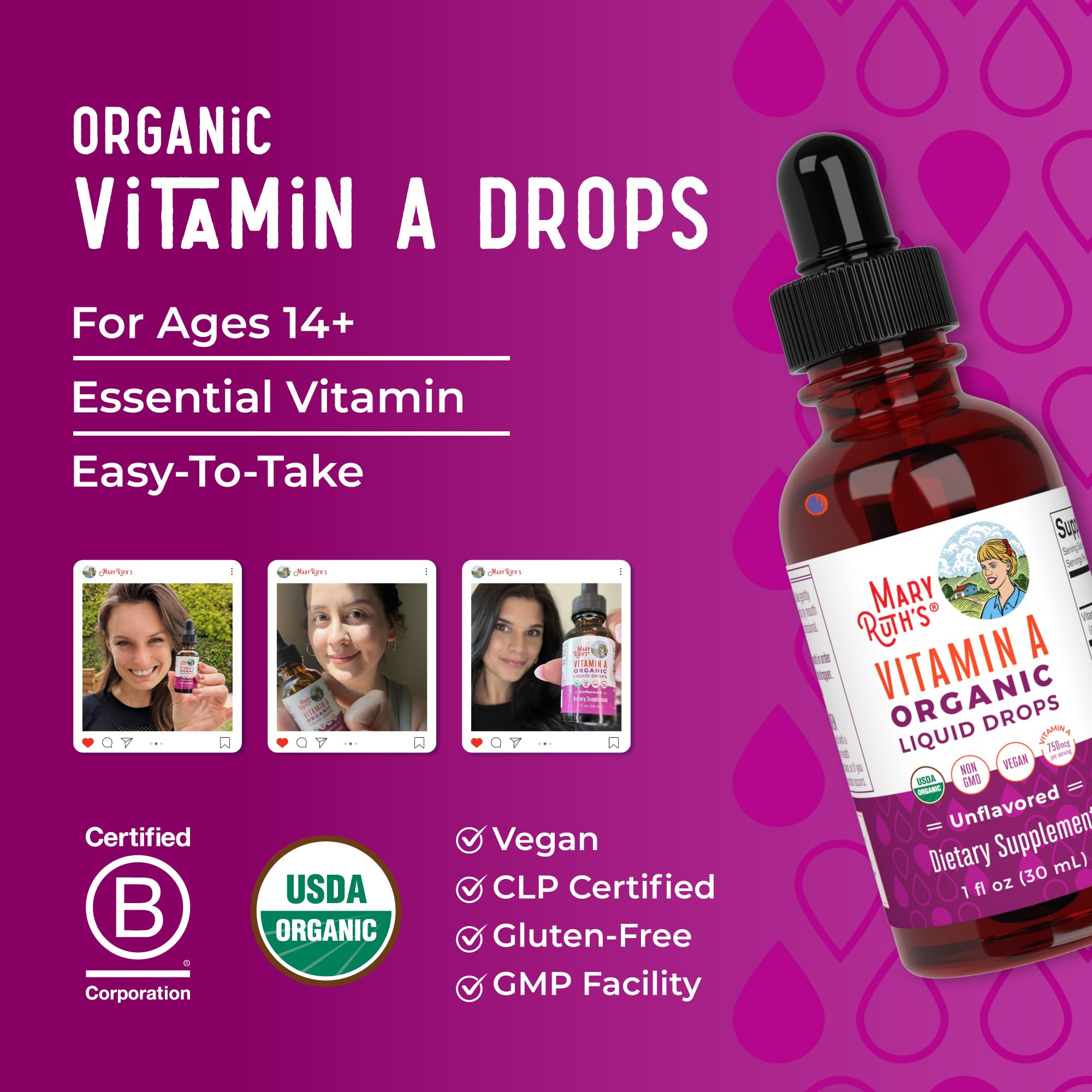 MaryRuth's vitamine A emballage compact et facile à ranger