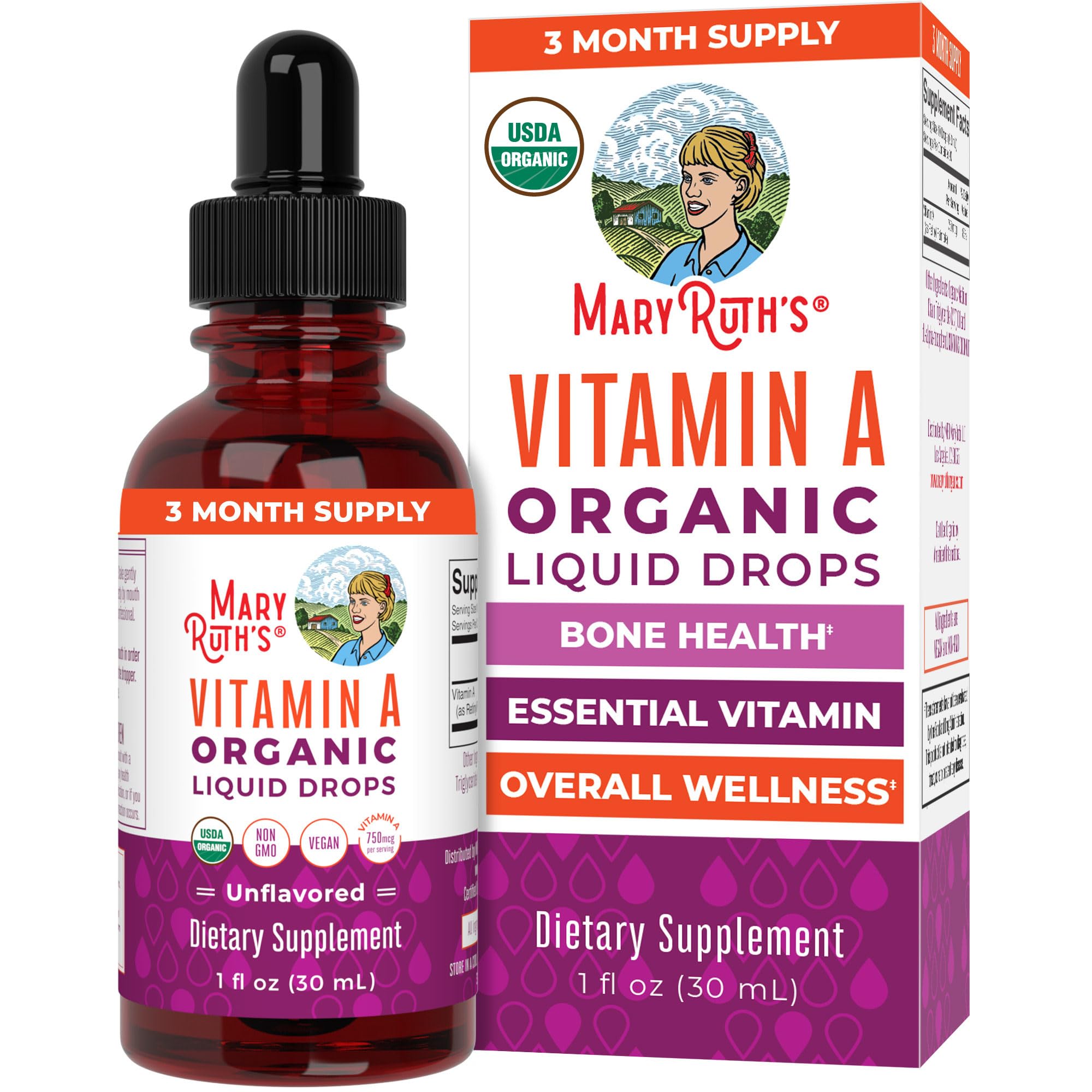 MaryRuth's vitamine A liquide en bouteille, utilisation quotidienne pratique