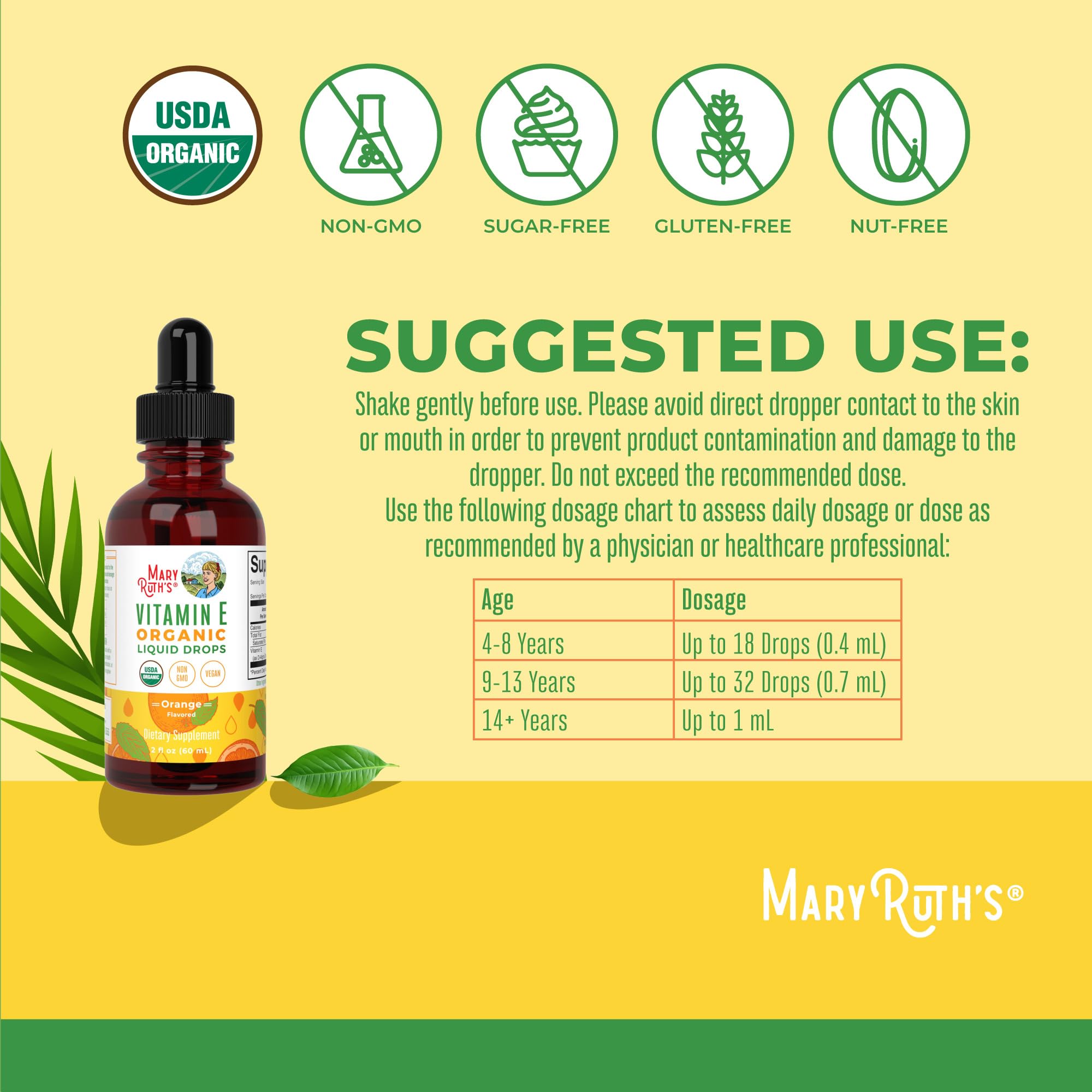 MARYRUTH'S vitamine E pipette-gouttes: utilisation simple et sans sucre.