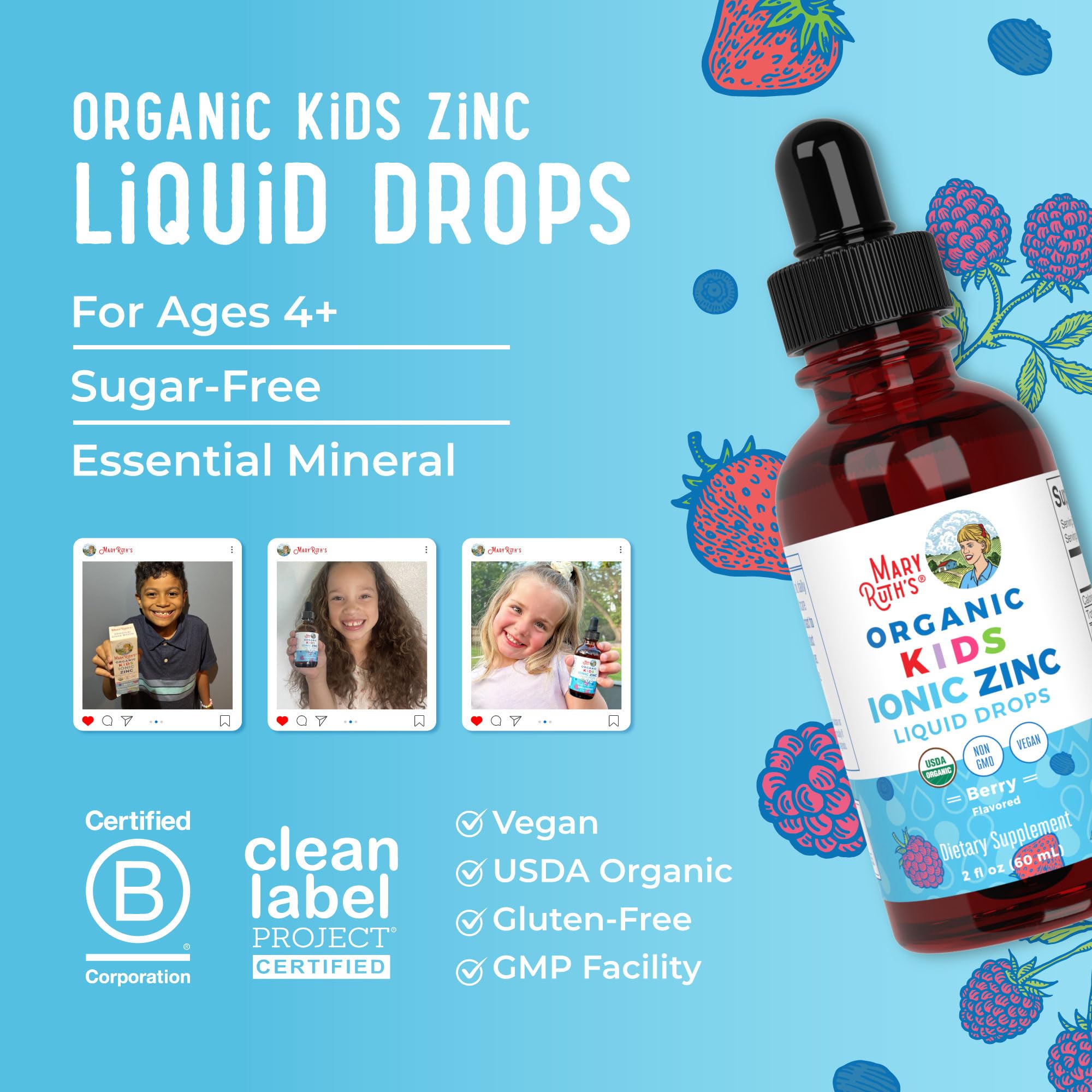 Étiquette avec certifications USDA Organic et végan pour MaryRuth's Zinc.