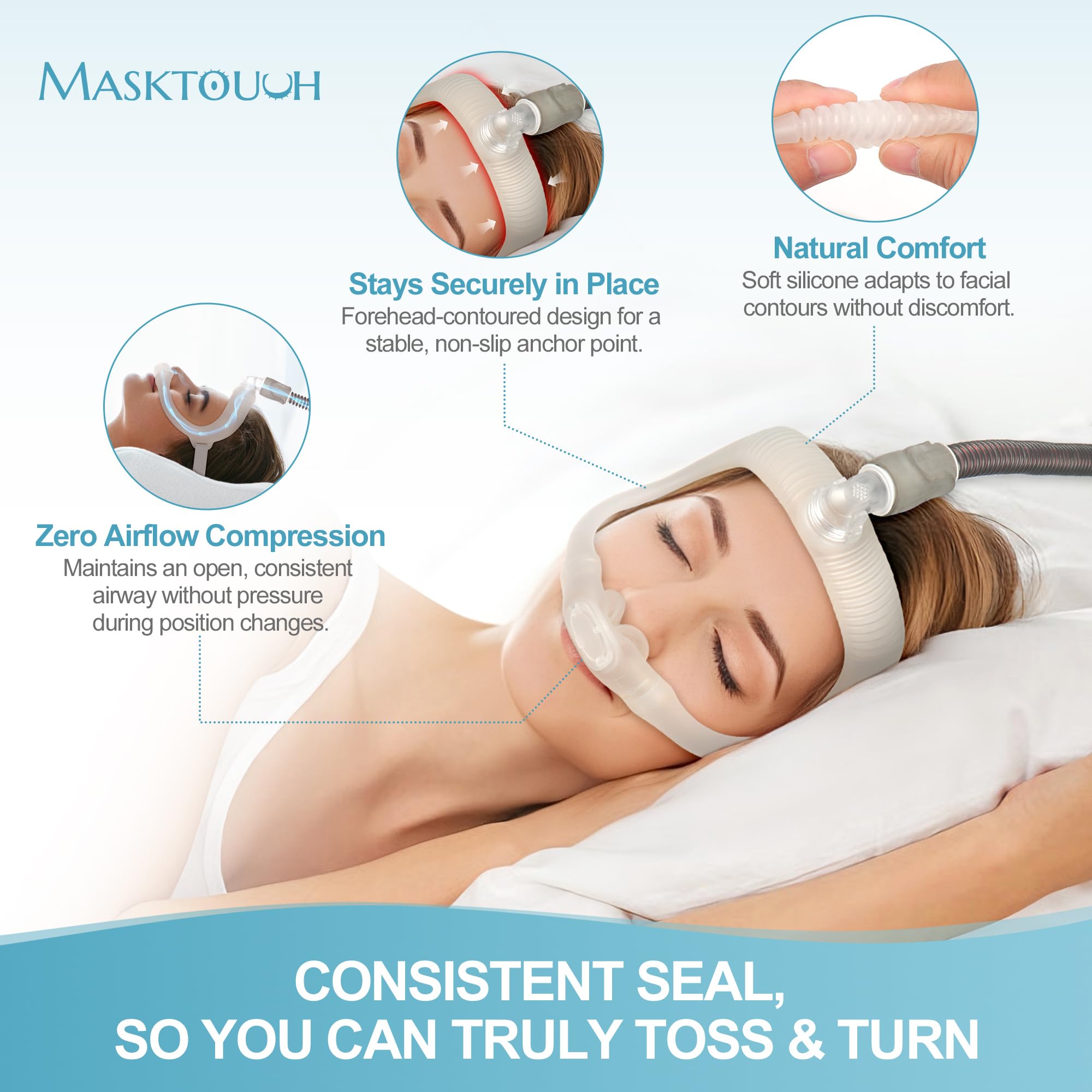 Masktouch AirFit P30i: trame en silicone doux épouse les contours du visage.