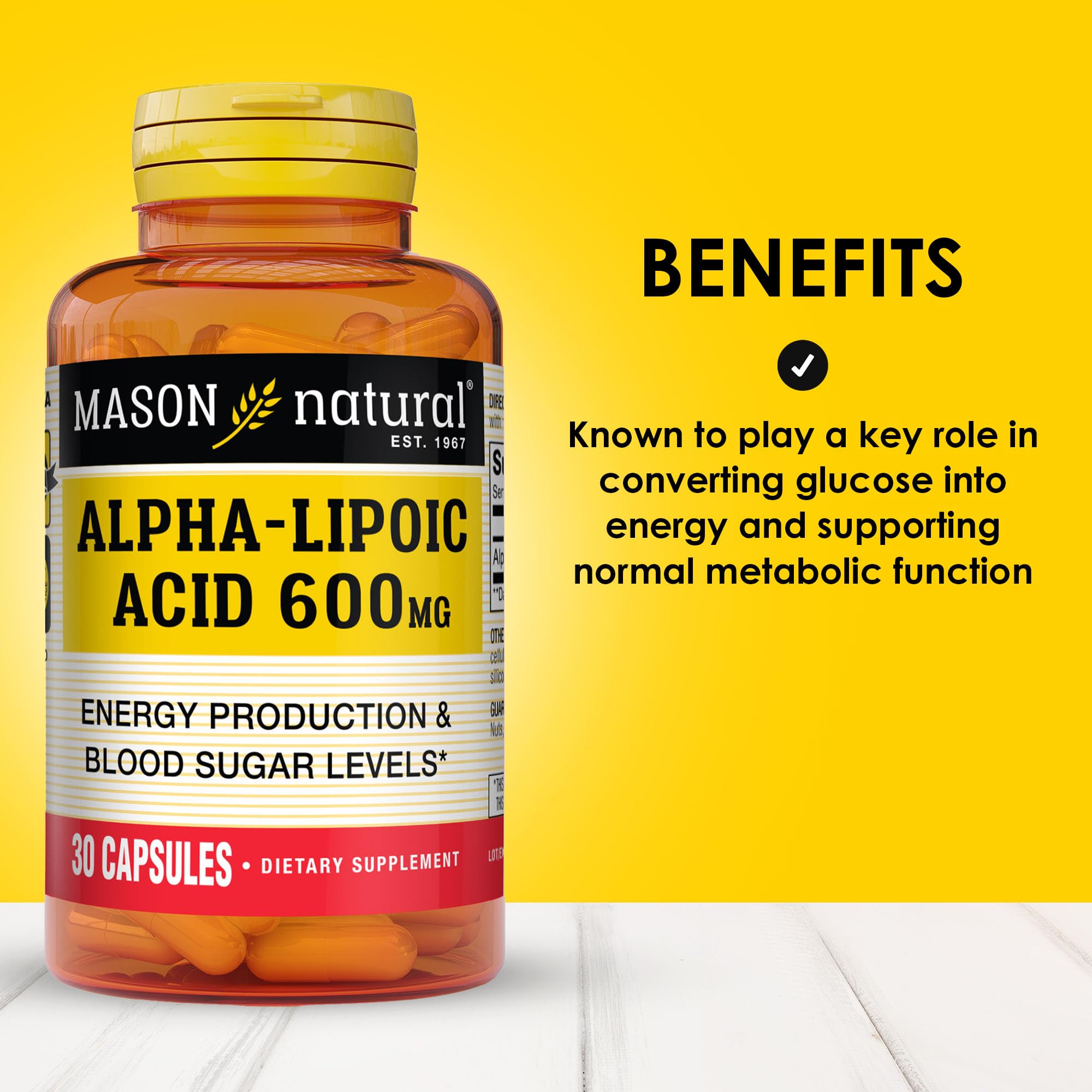 Mason Natural Acide alpha-lipoïque 600 mg – emballage clair et informatif.